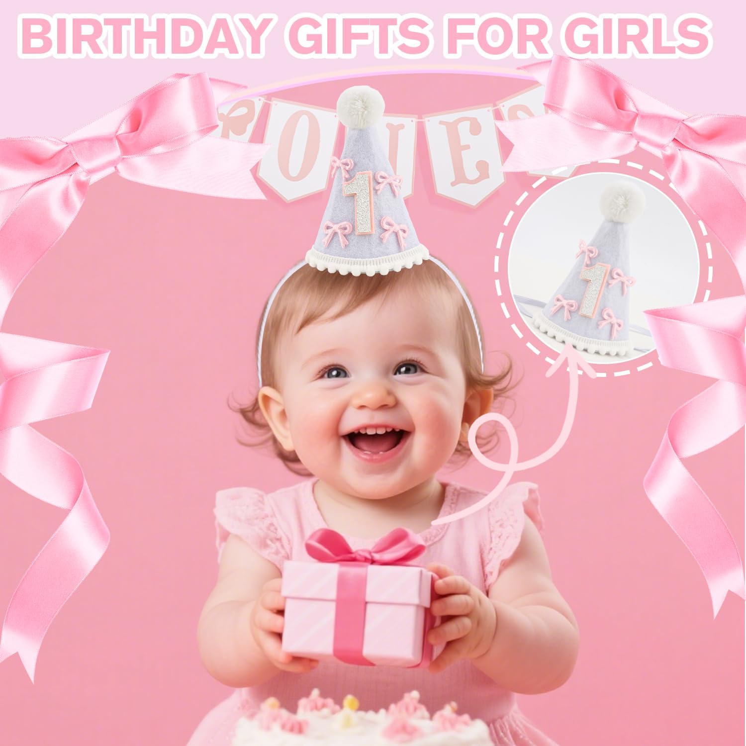 1st Birthday Party Cone Hat Sweet One Year Old High Chair Banner Princess Headband First Pink Crown Tiara Bow Birthday Decorations for Girl Outfit Cake Smash Photo Props Gifts