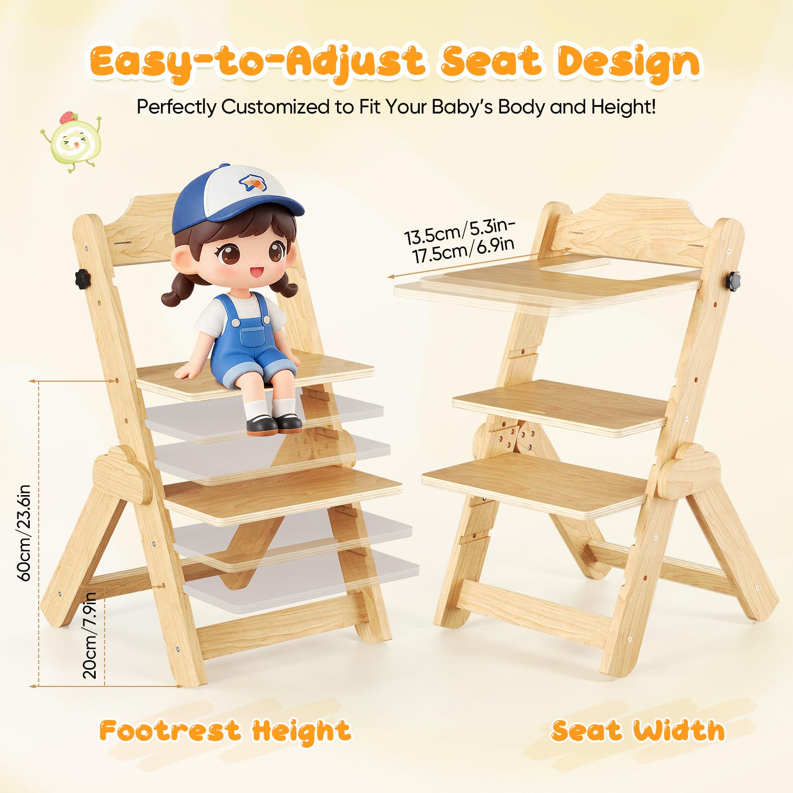 Chaise Haute Bébé Evolutive – Avec Coussin, Plateau Repas, Arceau de Sécurité, Harnais 5 Points et Sangle d’Entrejambe,en Bois Naturel, Chaise d'alimentation, Évolutive, Réglable