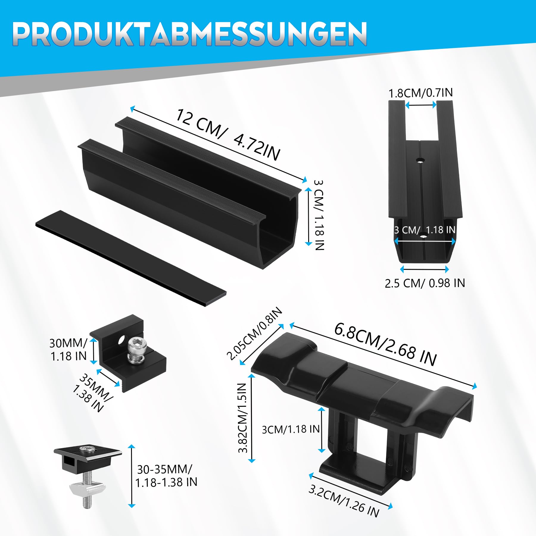Solarmodul Halterung Montageset, PV Halterung für 4X Module, 12CM Schwarze Schiene+Solarpanel Wasserablauf Clips 30MM+Verstellbare Klemme für 30-35MM Dicke Module für Flachdach Trapezblech