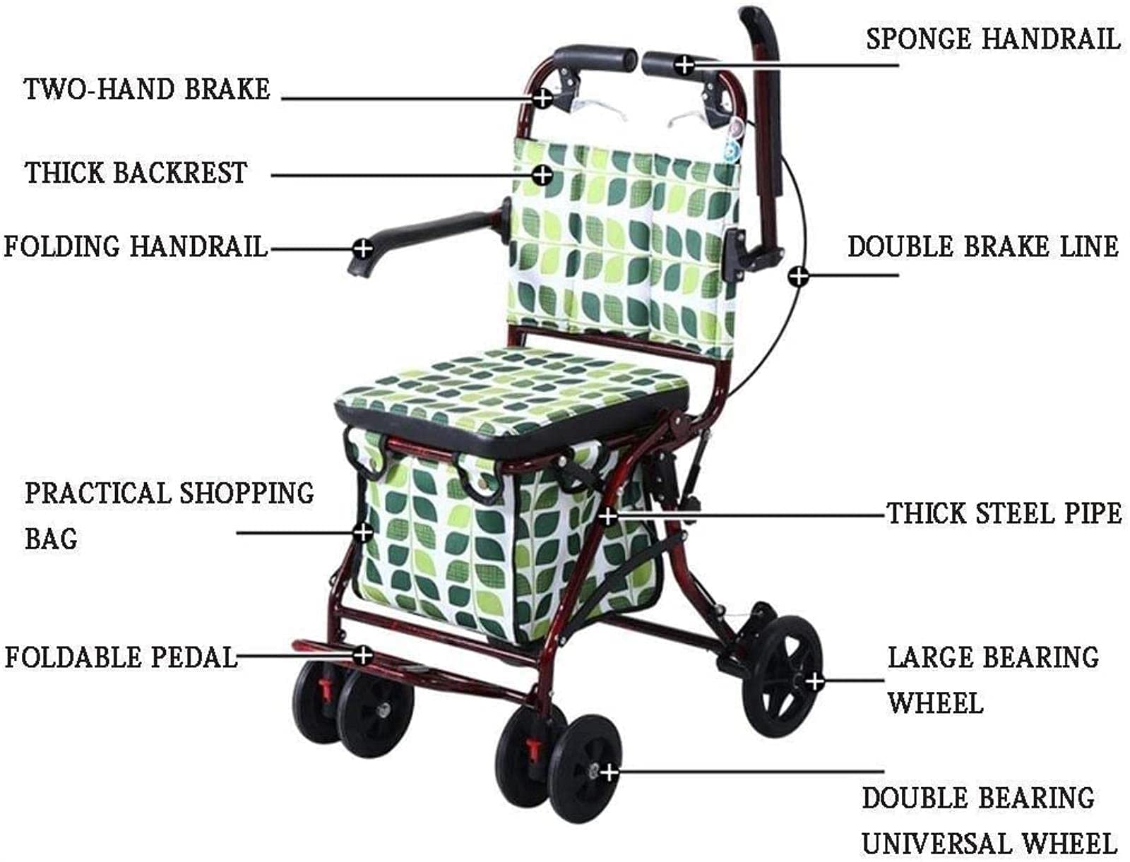 Rollator Walker Rama do chodzenia Standardowy chodzik Rollator 4 koła Rollator do chodzenia, składana pomoc w chodzeniu, siedzisko z regulacją wysokości Chodzik dla osób starszych Tęsknota za