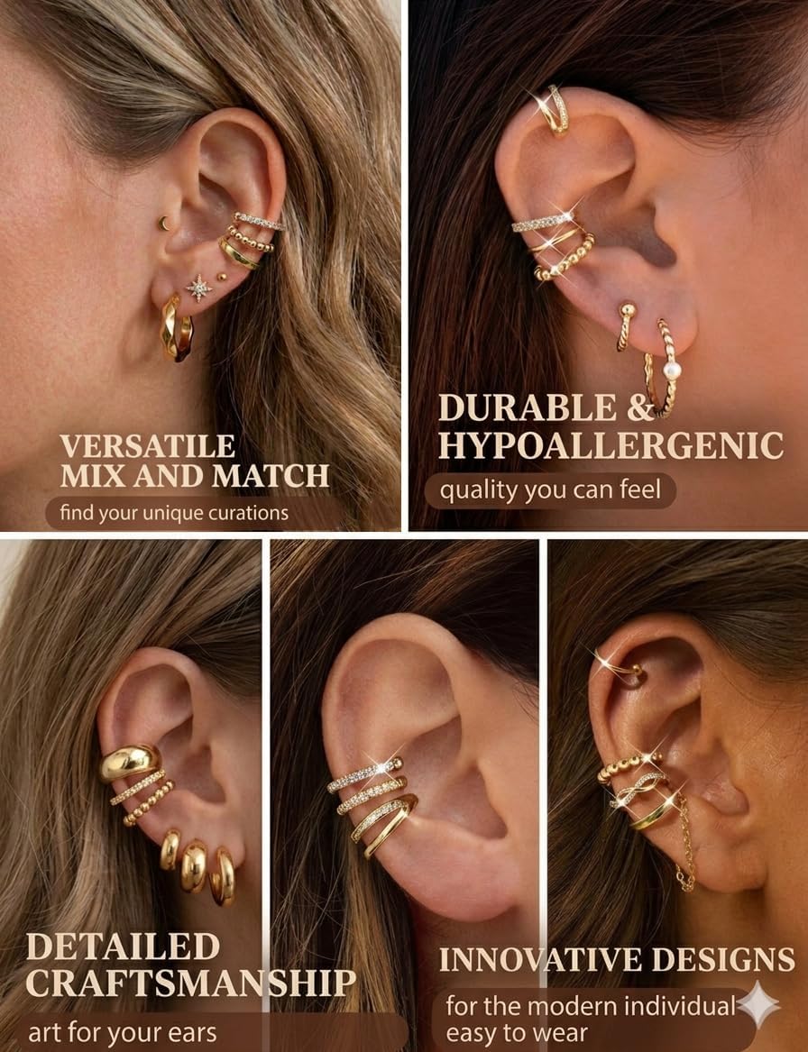 9PCS Ear Cuff Earrings for Women Non Piercing 14K Gold Plated - Hypoallergenic Adjustable Ear Cuffs Trendy Non Tarnish Clip on Cartilage Fake Earring Stacks Wrap Jewelry