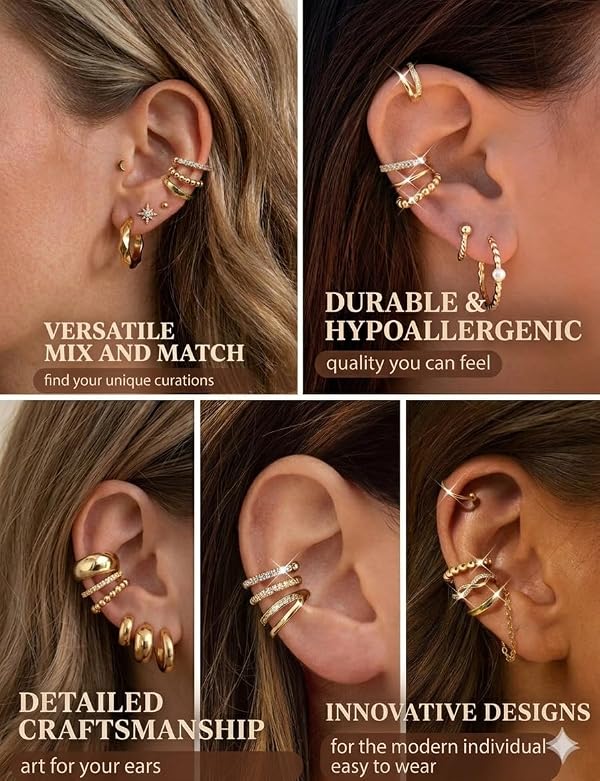 9PCS Ear Cuff Earrings for Women Non Piercing 14K Gold Plated - Hypoallergenic Adjustable Ear Cuffs Trendy Non Tarnish Clip on Cartilage Fake Earring Stacks Wrap Jewelry by FIBO STEEL - Used condition - US$8.99