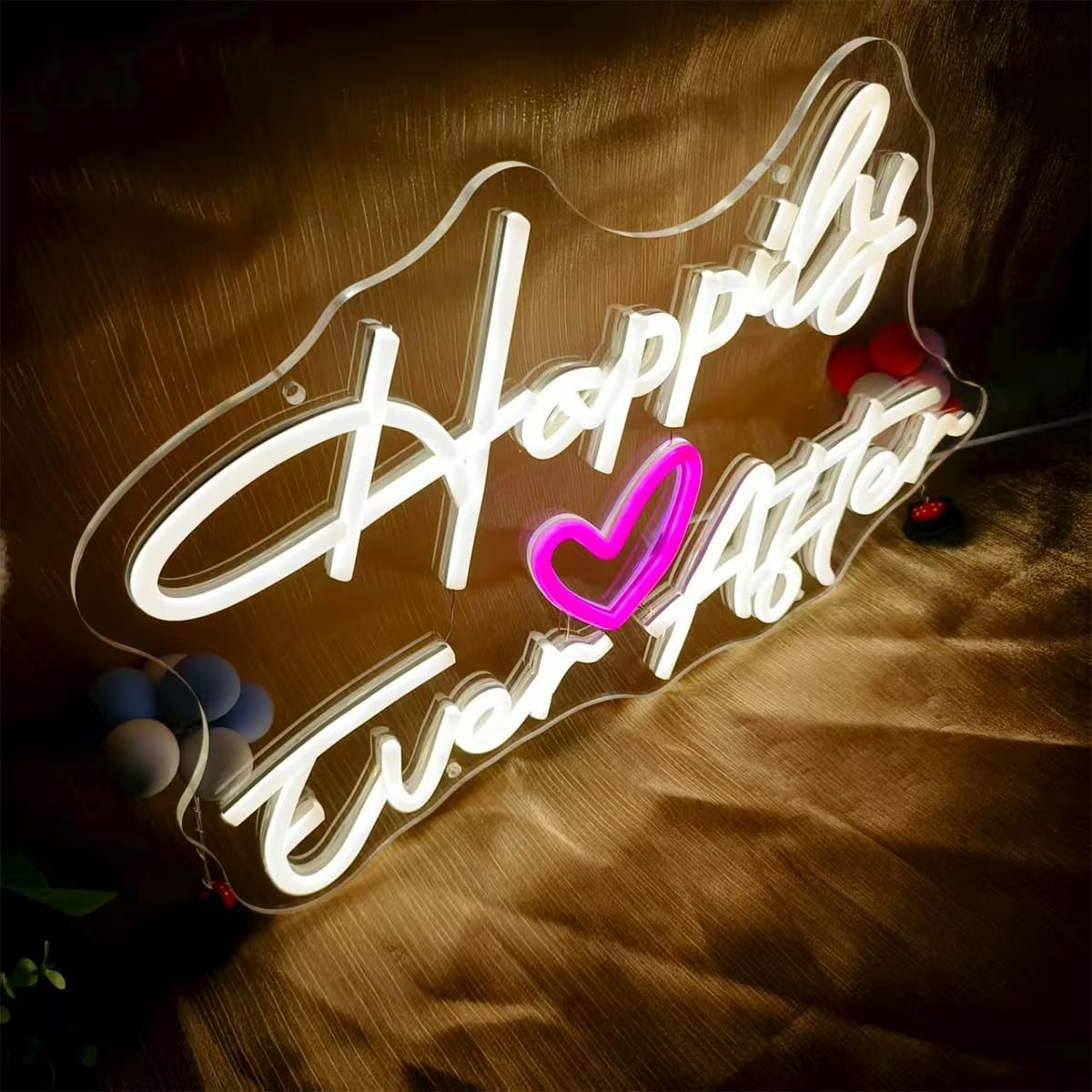 Happily Ever After Neon Sign with Heart, USB Powered LED Lights Sign for Bedroom, Happily Ever After Lighs Up for Wedding, Birthday Party, Warm White and Hot Pink, 16X10.2"
