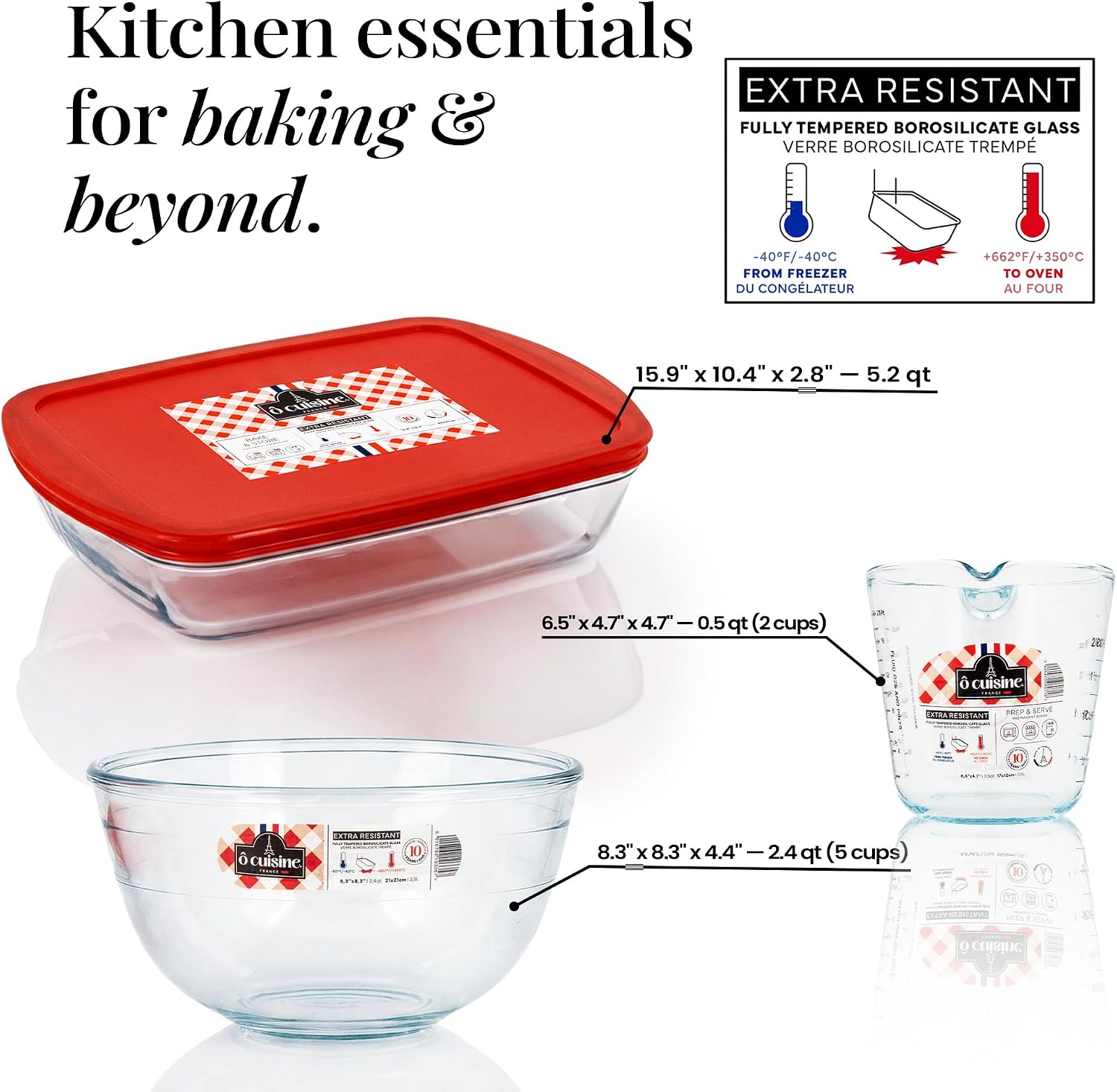 Ôcuisine Borosilicate Glass Casserole Dish, Large Bowl + Measuring Cup Set