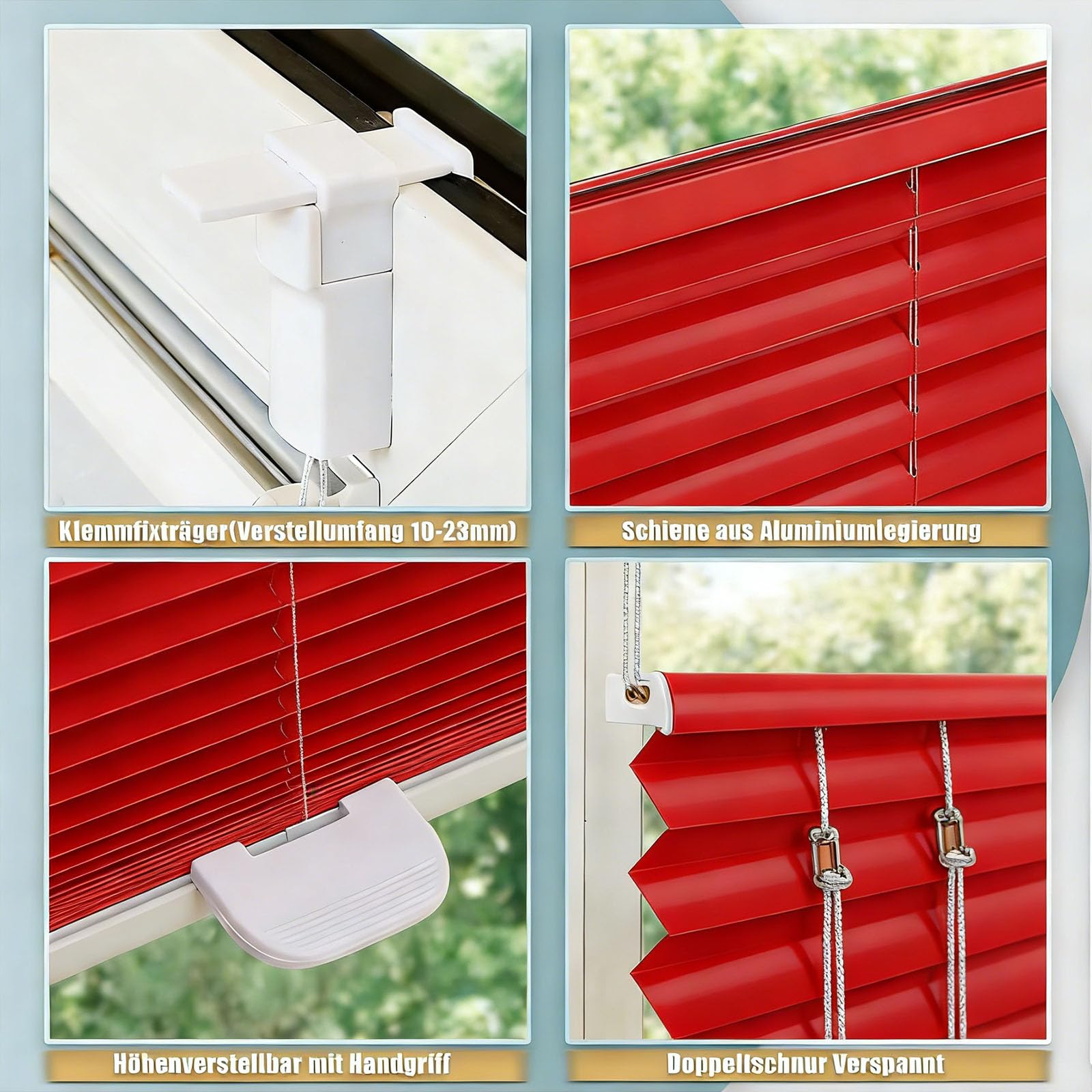 Store Plissé Crush Klemmfix sans Perçage 75 x 200 cm Facile à Installer Protection Vie Privée Rideaux Plissés en Non-Tissé Store Plissé avec Perçage pour Fenêtres Portes, Rouge