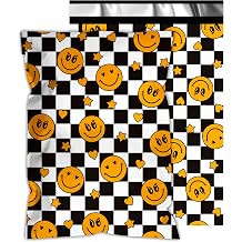 Poly Mailers 12x15.5 Inch, 50 Pack, Smiley Checkered Shipping Bags | 2.4 mil polyethylene, self-seal closure, opaque inner layer, for clothing, boutiques, gifts, and small business shipping