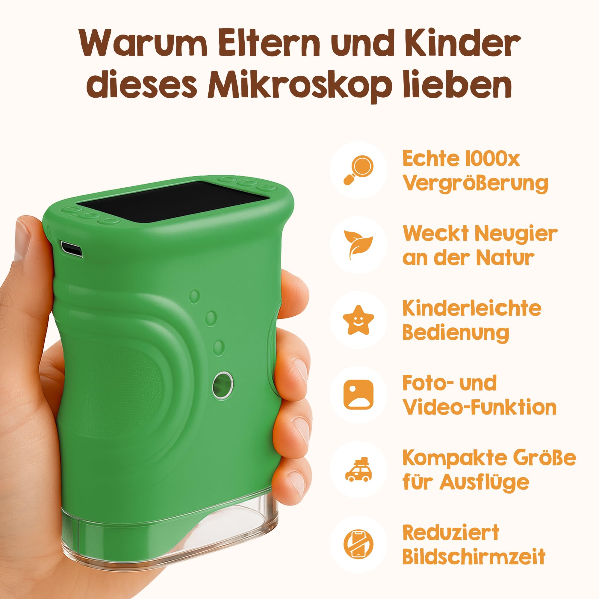 Edubini Microscopio digitale per bambini [ingrandimento 1000x] - Microscopio portatile tascabile per giardino, foresta ed esperimenti - Microscopio per bambini con schermo HD digitale [funzione foto]