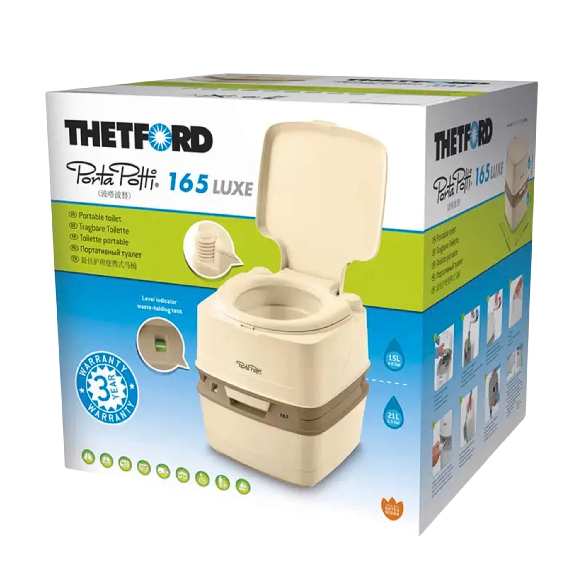 Thetford Porta Potti 165 Campingtoilette 21L, Mobile Chemietoilette, Portable Toilette für Camping & Travel, kompakte Reisetoilette, beige