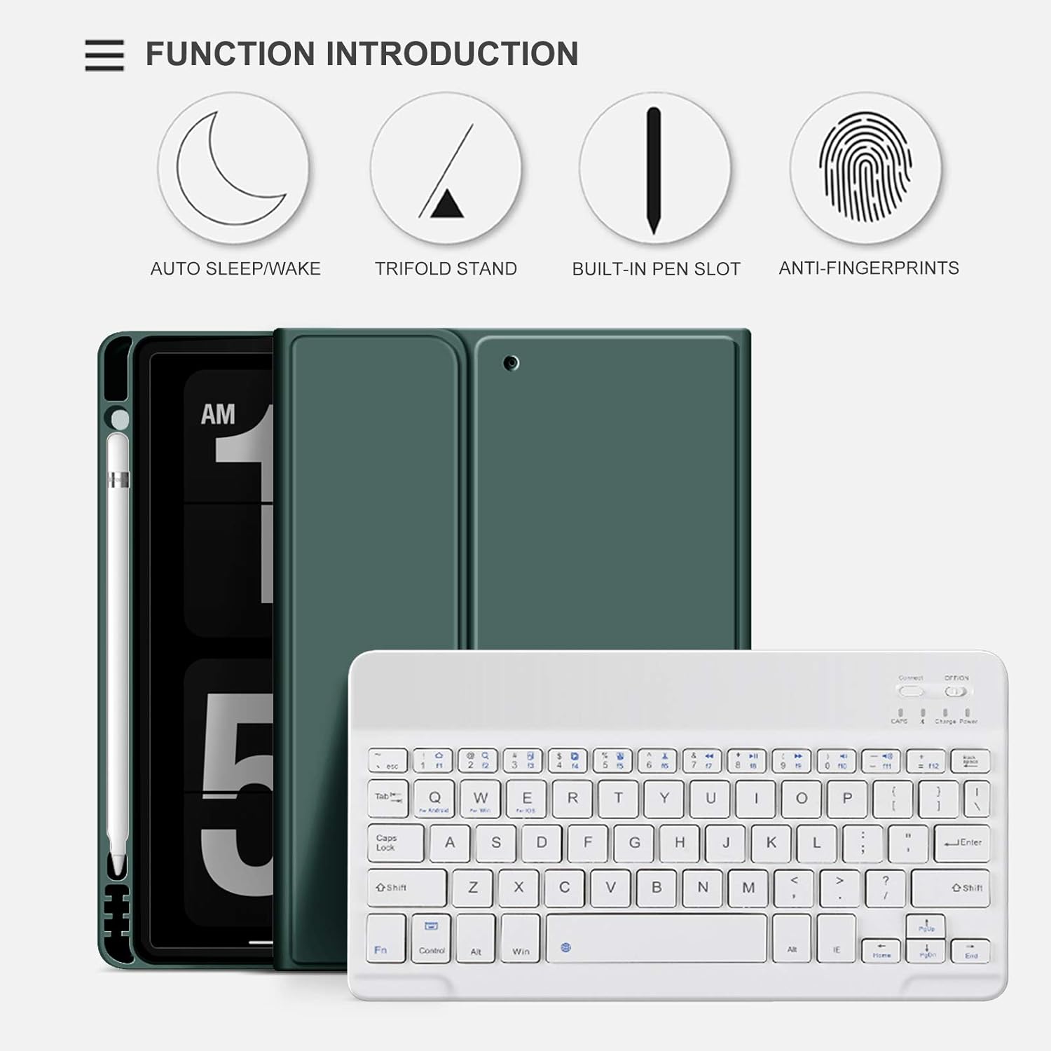 aoub Case for iPad 6th/5th Generation 9.7 inch, iPad Air 2, iPad Air, Stand Folio Detachable Wireless Bluetooth Keyboard Cover Soft TPU Back Case with Pencil Holder for iPad 9.7”, Dark Green
