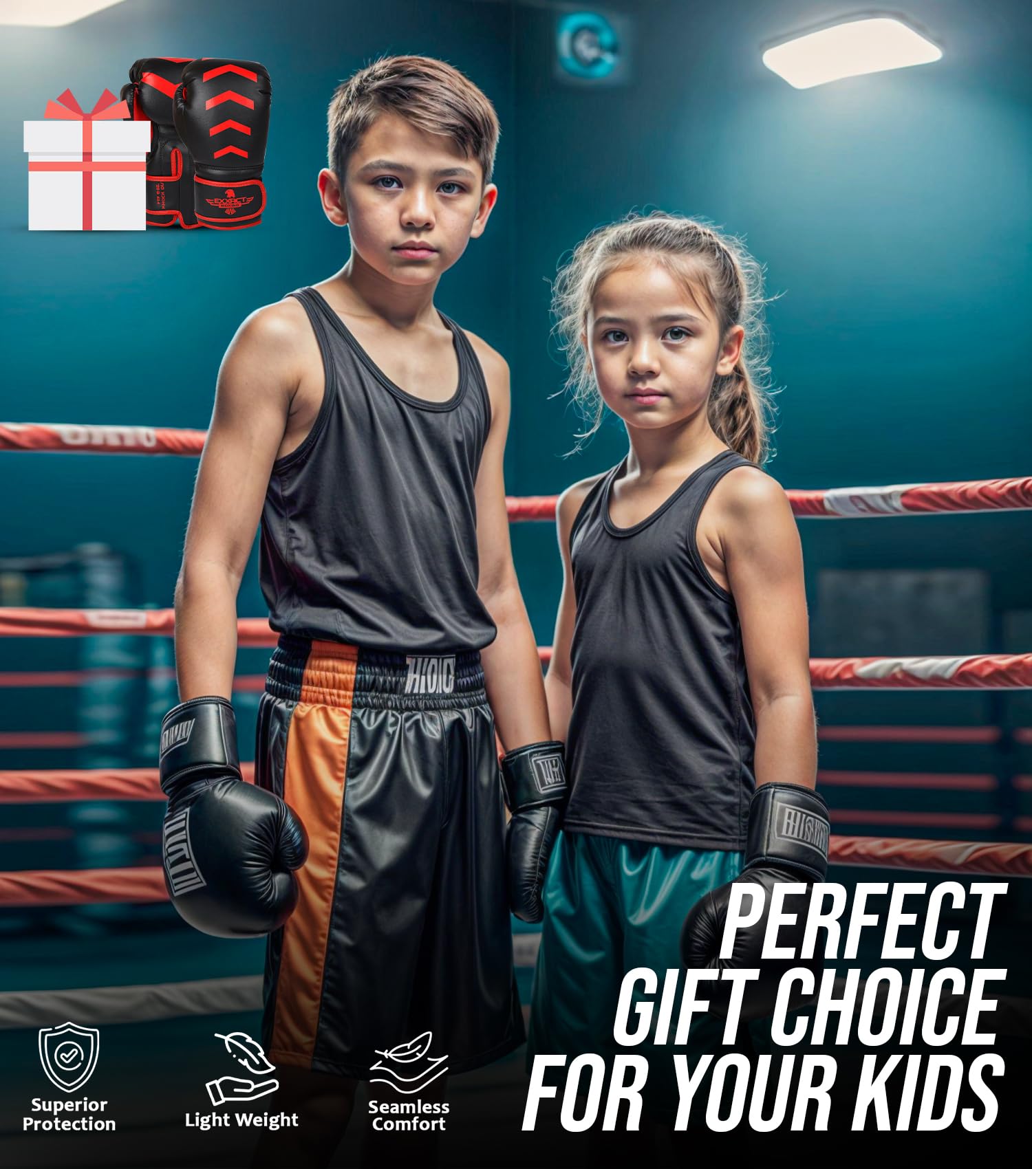 Exxact Sports Knockout Boxhandschuhe für Kinder (3–15 Jahre) mit gepolstertem Schutz und Handgelenkstütze, strapazierfähiges Kunstleder, Kinder-Boxhandschuhe für Sparring, Muay Thai und Boxen