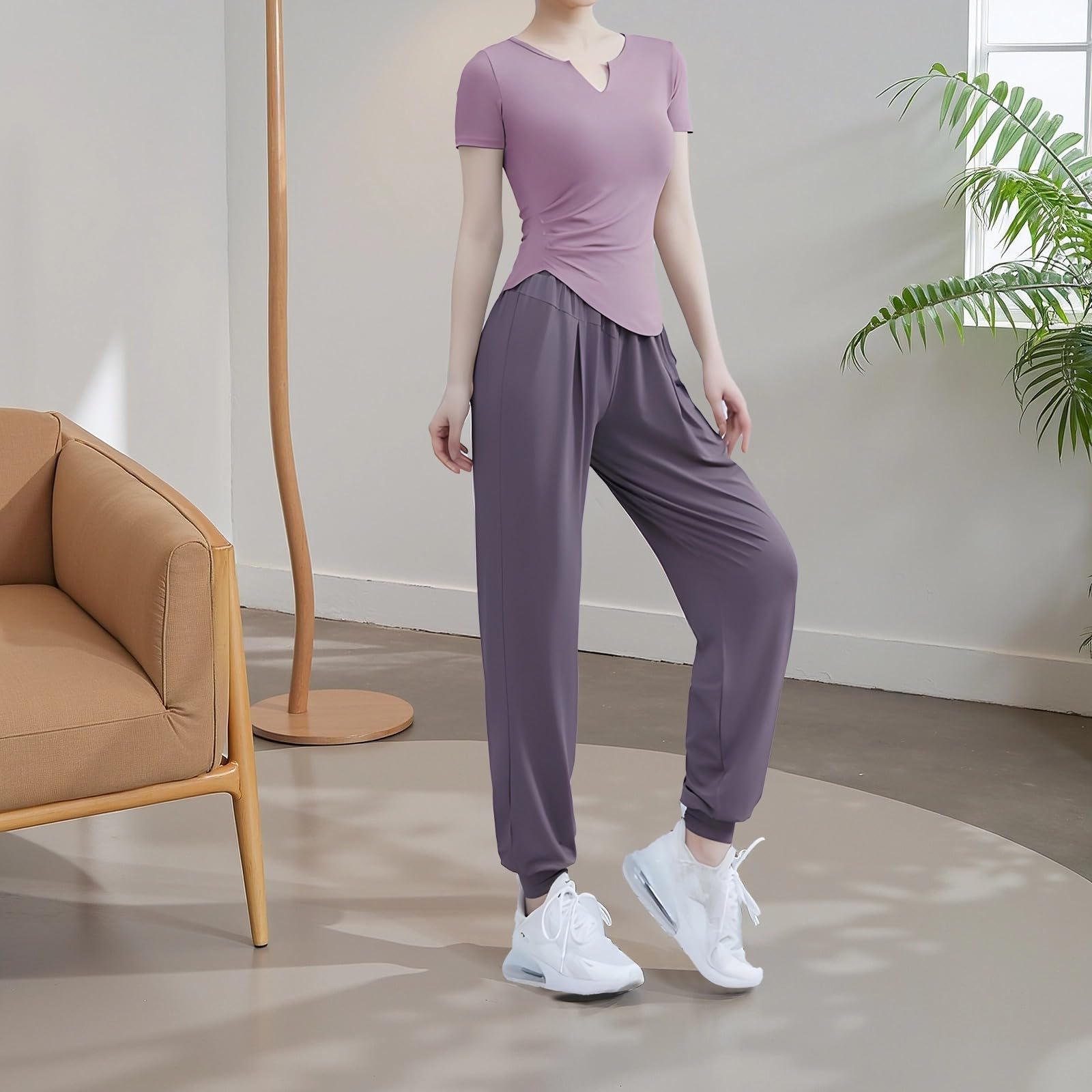 Conjunto de entrenamiento de 3 piezas para mujer, tela transpirable y suave, camiseta de manga corta, camiseta sin mangas, pantalones largos, Morado (, Talla única