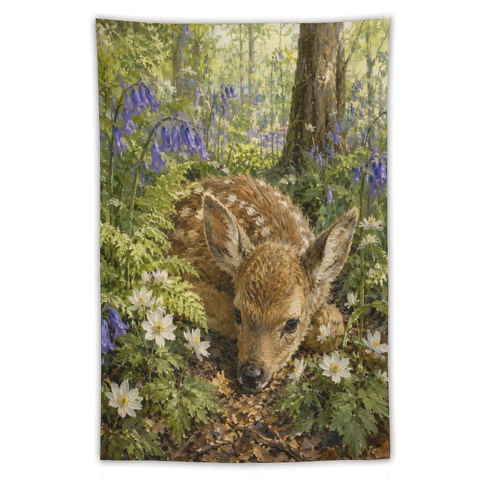 W7C8U2X3 Fawn in Bluebell Forest Wall Tapestry, Realistic Illustration