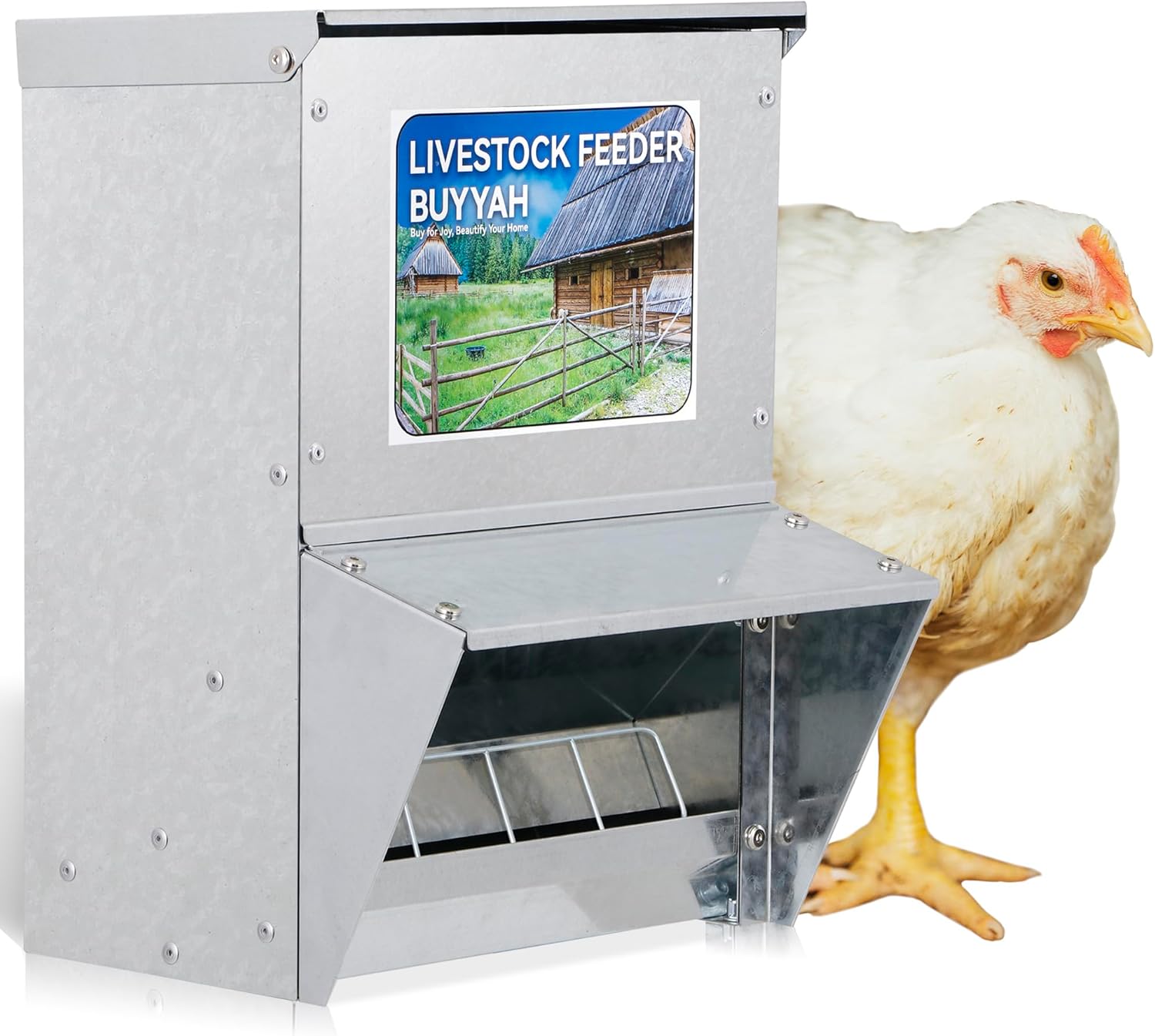 Automatic Chicken Feeder, 28 lbs Capacity, Galvanized Metal Poultry Feeder, Waterproof Chicken Feeder, Suitable for Poultry, Geese, Quails, Bantams, Ducks and Turkey