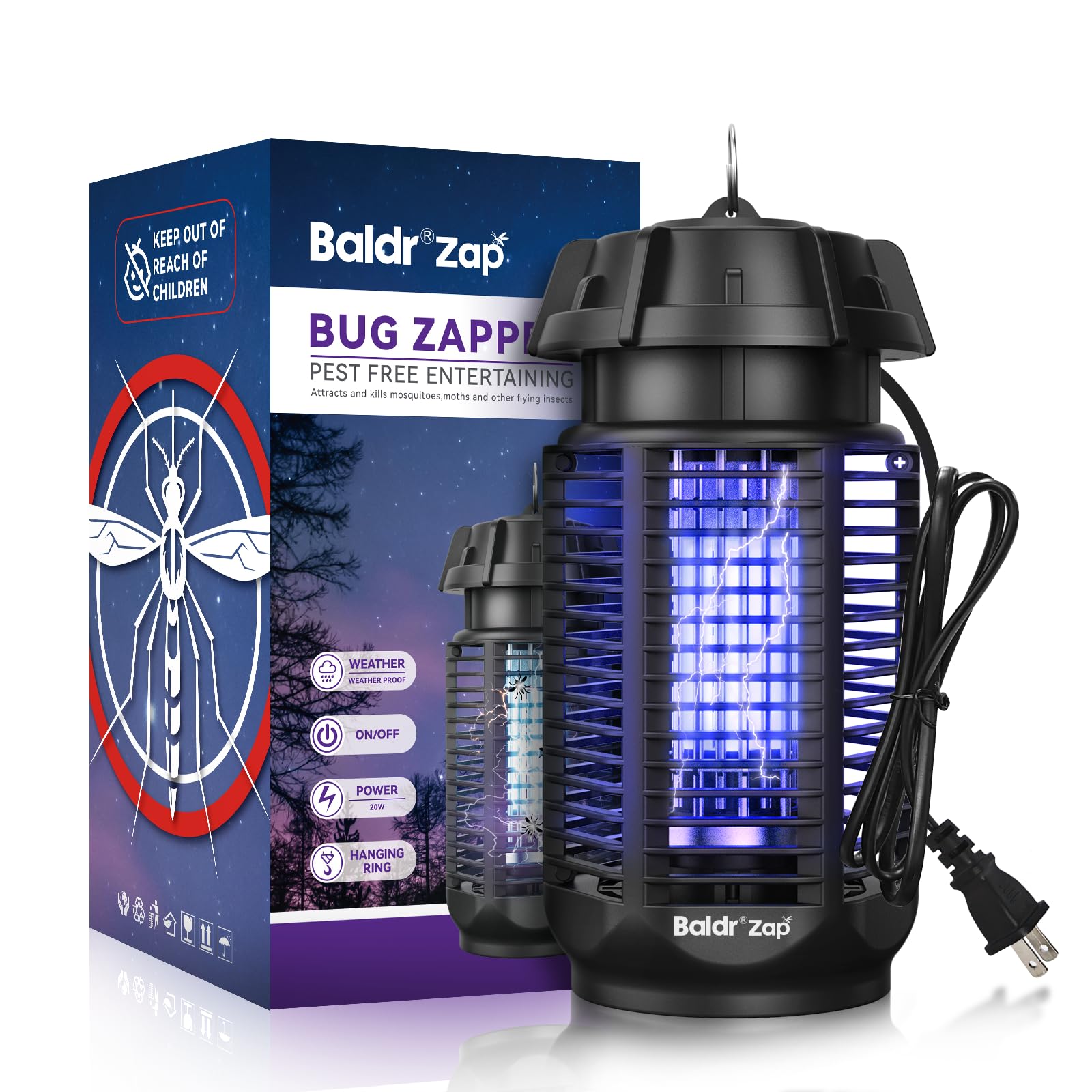 Photo 1 of ***DAMAGED - SEE NOTES/PICTURES*** BALDR Bug Zapper Outdoor Indoor, 20W Power & 4200V Instant Grid Mosquito Repellent, Coverage of 1/2 Acre Fly Trap for Patio, Backyard, Home
