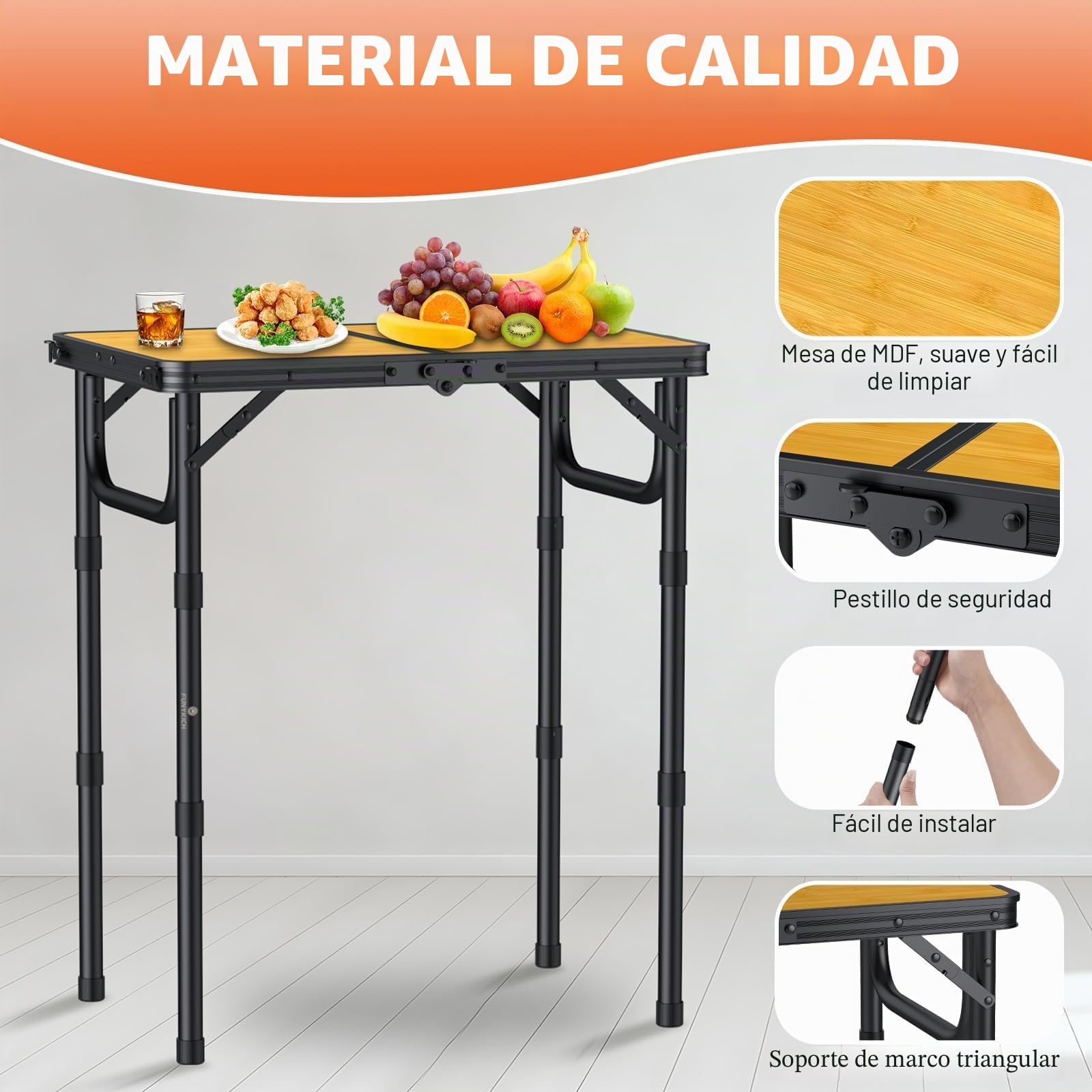 FUNYKICH Mesa de Camping Plegable 58 x 40 cm, Mesa Plegable Camping Portátil de Aluminio con 3 Alturas Ajustables (26/48/70 cm), Panel de MDF, para Picnic, Camping y Barbacoa, Ligero y Estable