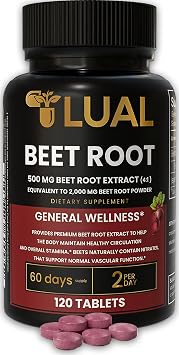 LUAL Beet Root Extract 500mg Supplement, 120 Tablets | 41 Extract Equivalent to 2,000mg Beet Root Powder, General Wellness & Daily Stamina Support, Non-GMO, Gluten Free