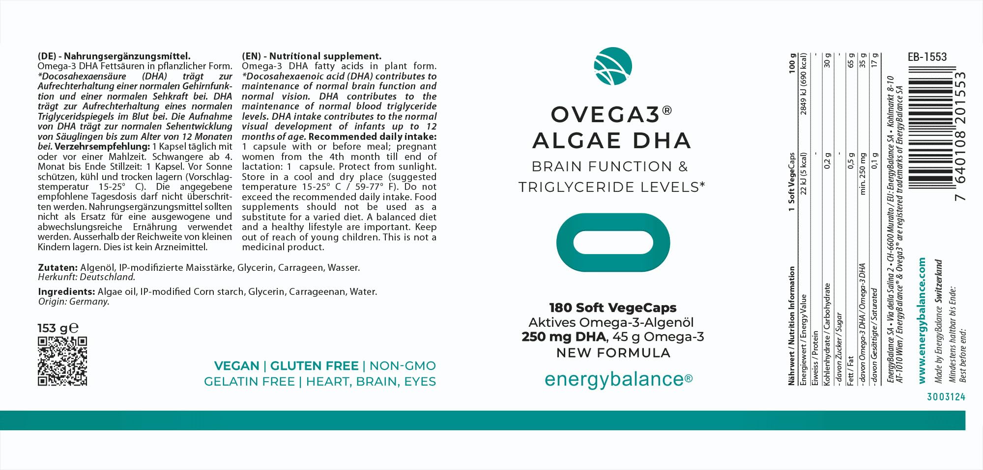 EnergyBalance Ovega3 Algae DHA – Veganes Omega 3 aus Algenöl – 180 VegeCaps mit 250 mg DHA – Pflanzliche Alternative zu Fischöl – Ohne Gelatine, Vegan, Glutenfrei