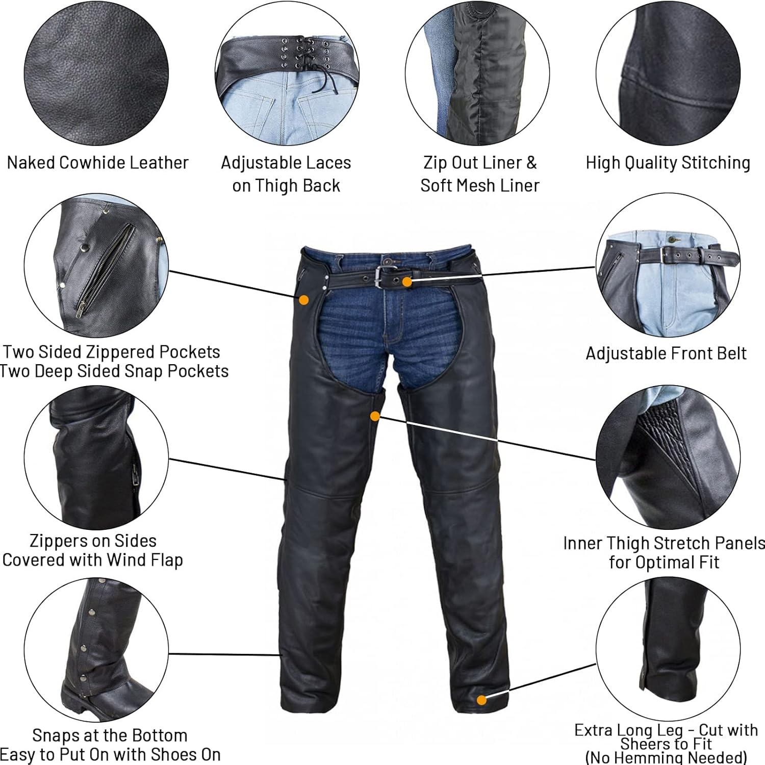 Men’s Black Motorcycle Leather Chaps for Riding with Zip Out Liner, Cowboy Biker Chap Pants with Four Deep Pockets : Automotive