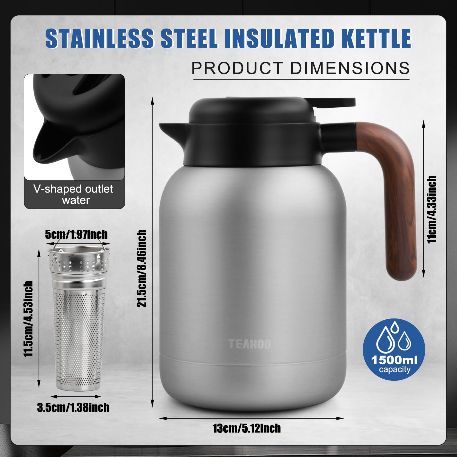 Pichet Isotherme 1,5 Litres en acier inoxydable 316, Chaud 24 h Café Théière isotherme avec passoire à thé, Hermétique, Fermeture Quick Press, Bouteille isotherme