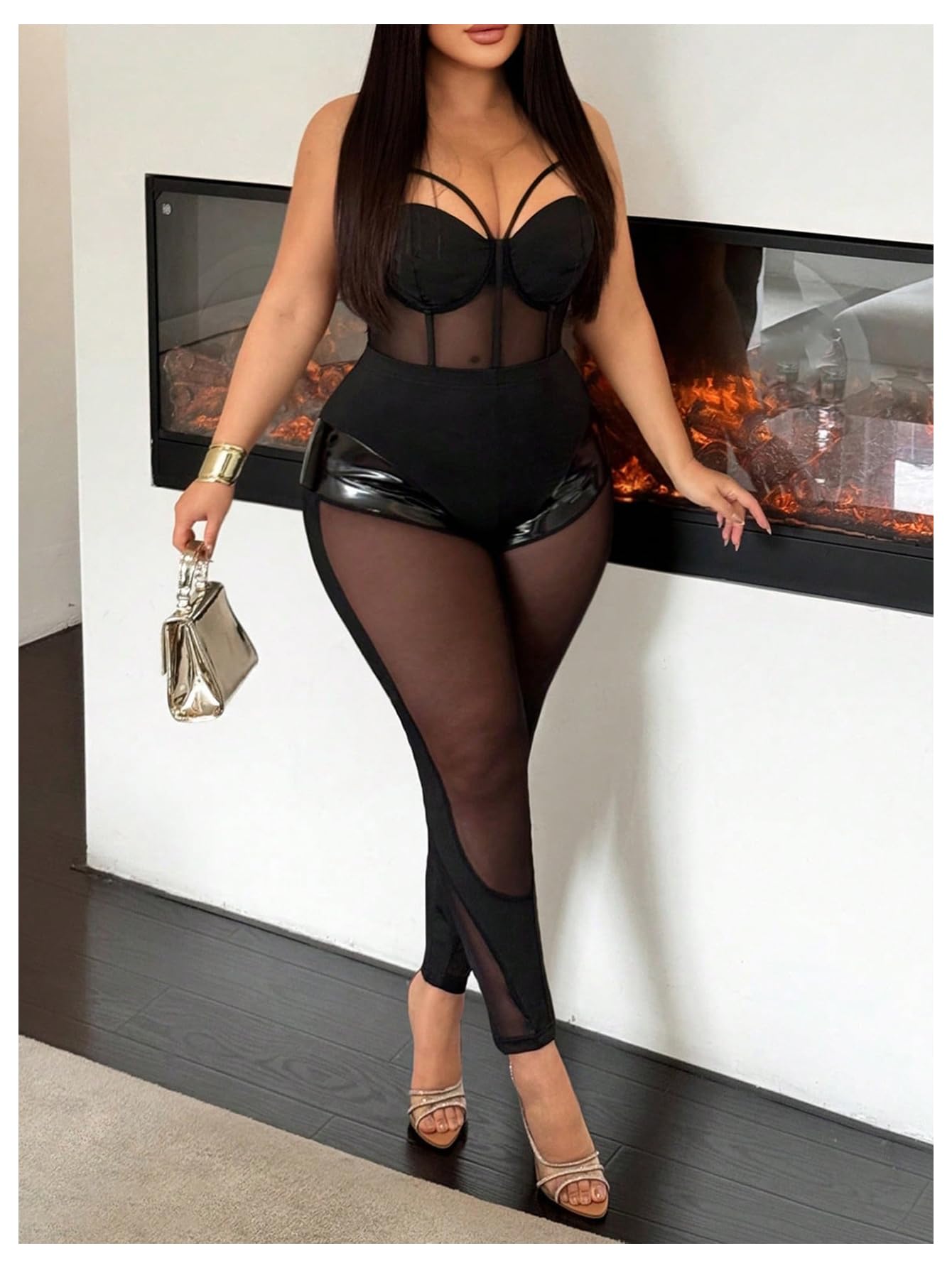 WDIRARA Women's Plus Size Mesh Sheer Bustier Cami Bodysuit Sleeveless Corset Bodysuit: XX-Large Plus Black