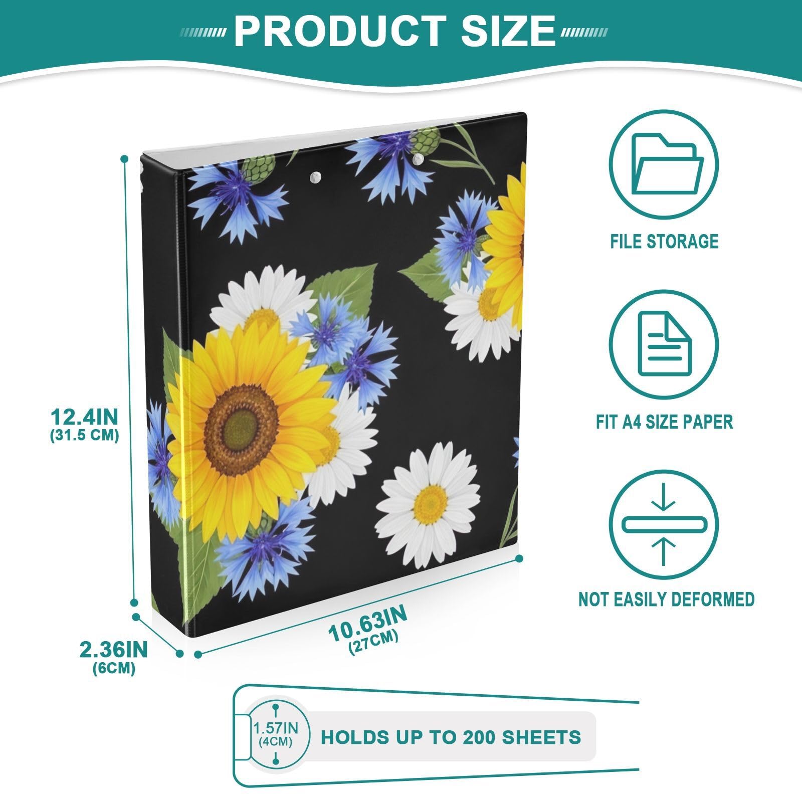 Sunflowers Black 3 Ring Binder 1.5 Inch, Flexible D Ring Binder with Pockets, 3 Ring Binders for School, College, Office, one sizex2