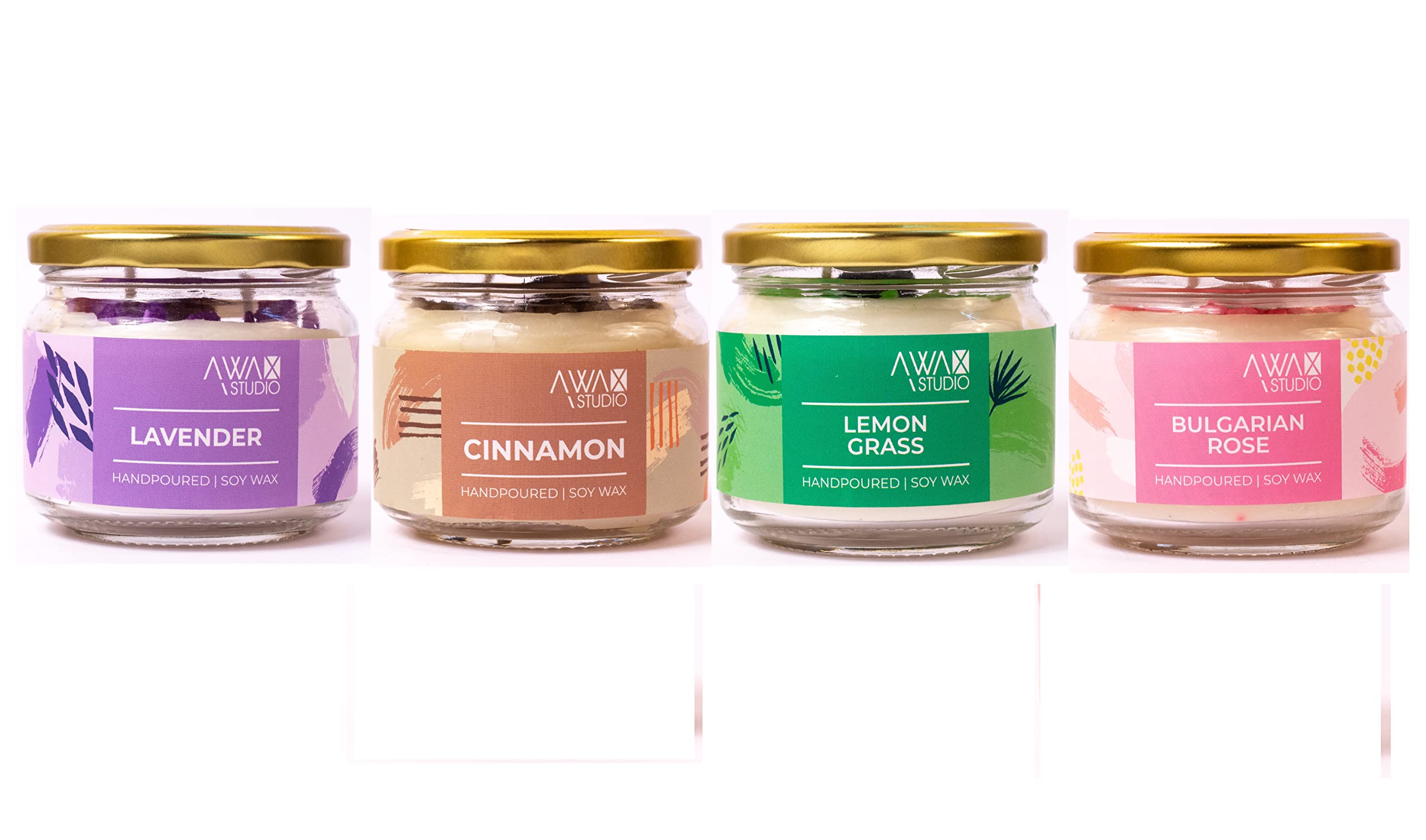 Awax Studio Exotic Bulgarian Rose + Lemon Grass + Cinnamon + Rich Lavender Scented Candle | Premium Soy Wax & Glass Jar| Aromatherapy, Home Décor, Luxury Gift | Burn Time Upto 65 Hours | Pack of 4