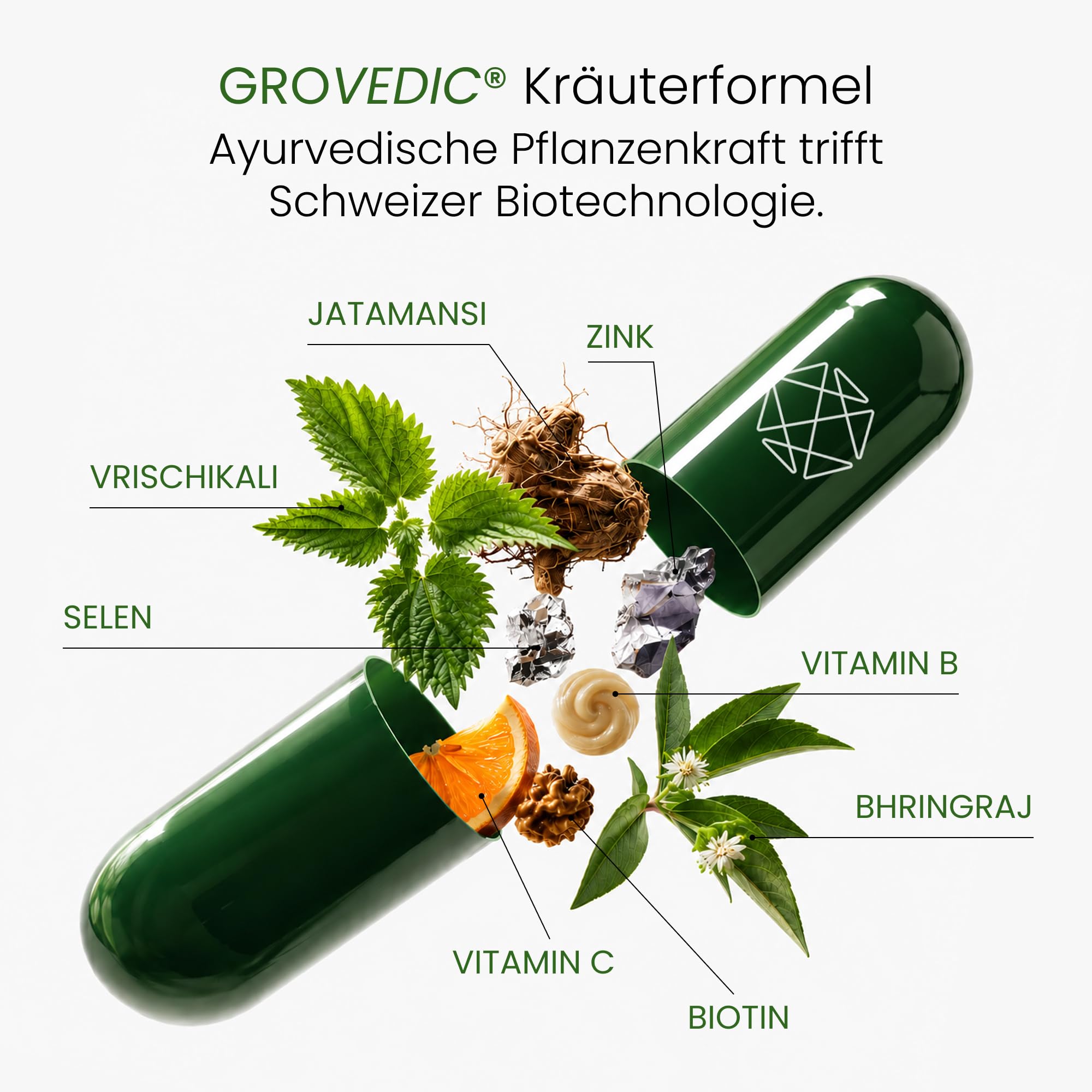 Haarkomplex für Frauen | Patentangemeldetes 360°-Haarsystem | Bei Haarausfall, dünner werdendem Haar & Haarbruch | Ayurveda-Kräuter + Schweizer Vitamine & Mineralstoffe | Vegan | 30 Kapseln