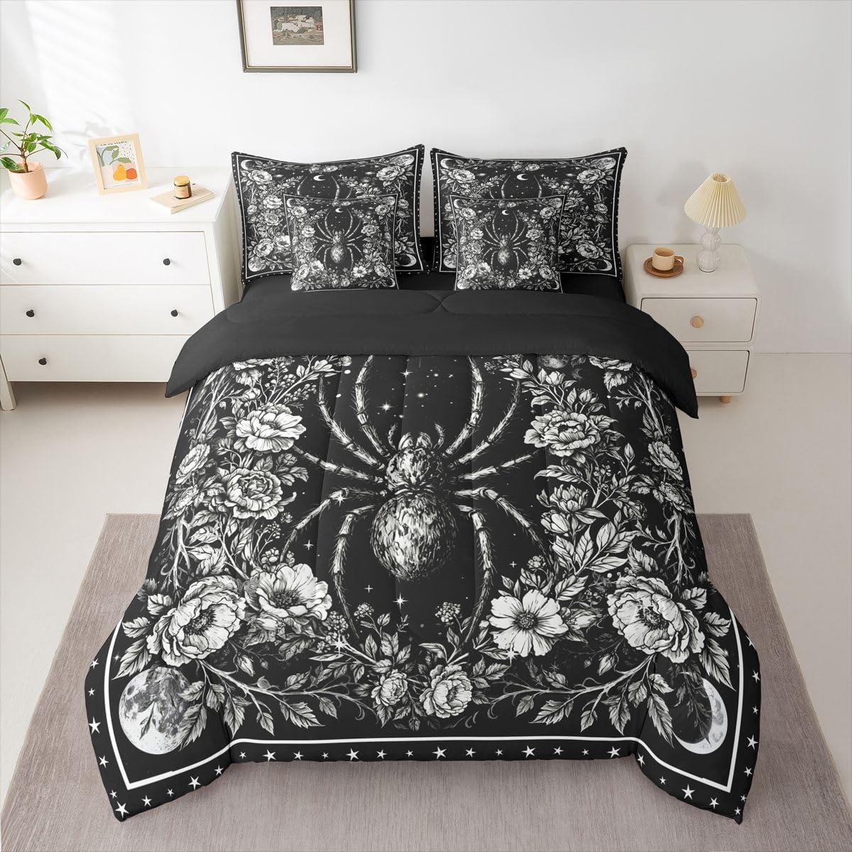 Erosebridal Goth Queen Comforter Set with Sheets | Giant Spider 7 Piece Bedding Set Tarantula Bed in a Bag, Galaxy Moon Vintage Floral Room Decor Black Gothic Decor