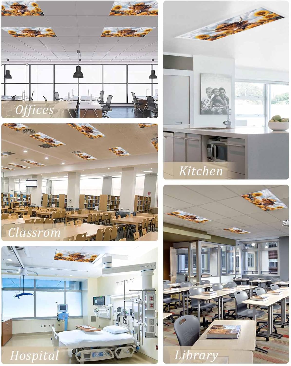 Fall Cow Sunflower Magnetic Fluorescent Light Covers for Ceiling 2 x 4 Feet, Thanksgiving Pumpkin Blue Sky Office Classroom Kitchen Drop Ceiling Light Covers Lighting Filters Shade Panel 2 Packs
