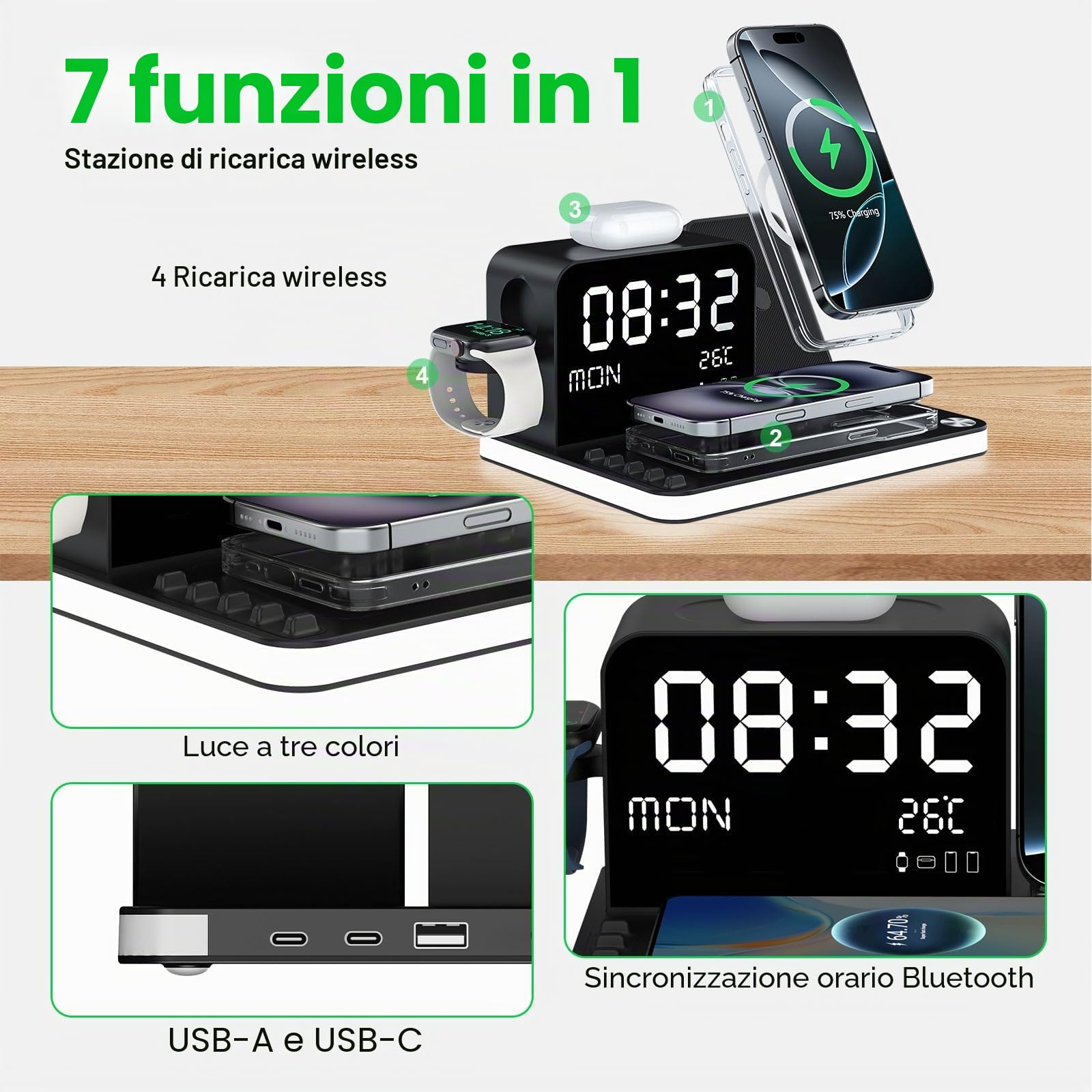 Caricabatterie wireless 7 in 1 con orologio, temperatura e data, compatibile con iPhone 17/16/15/14/13 Pro Max, AirPods e Apple Watch, compatibile con Samsung S25/S24, luce notturna regolabile, 33W
