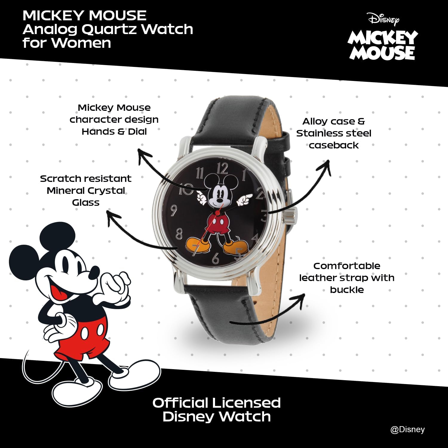Disney Classic Mickey Mouse Head Silhouette Watch – Stylish & Fun Mickey Watch for Women, Gift Fans – Women's Mouse Watches with Silver Bezel & Durable Nylon Strap - Image 2
