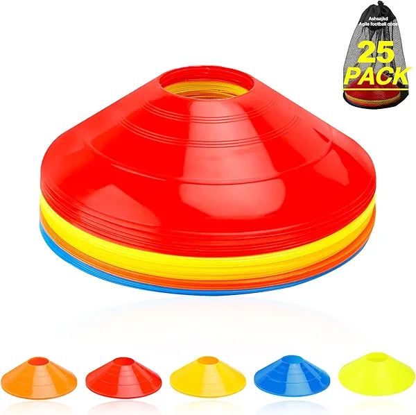Ashsajkd(Set of 25 - Agility Soccer Cones with Carry Bag and for , Football Cones for TrainingFootball, Basketball, Coaching, Agility Cones for Indoor and Outdoor Games (E-25 Pack Multicolor)