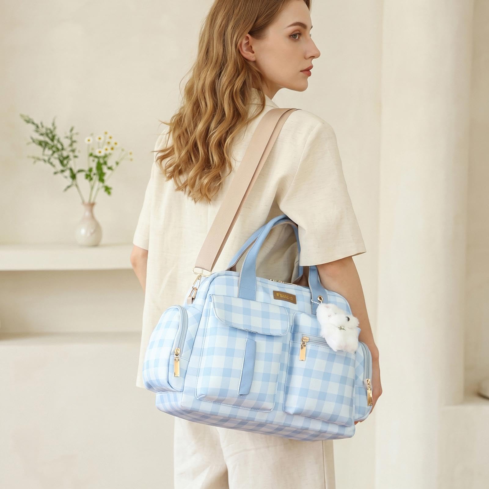 Torba Tote na Pieluchy Z Rączką Mała Stylowa Torba Bagażowa W Kratę