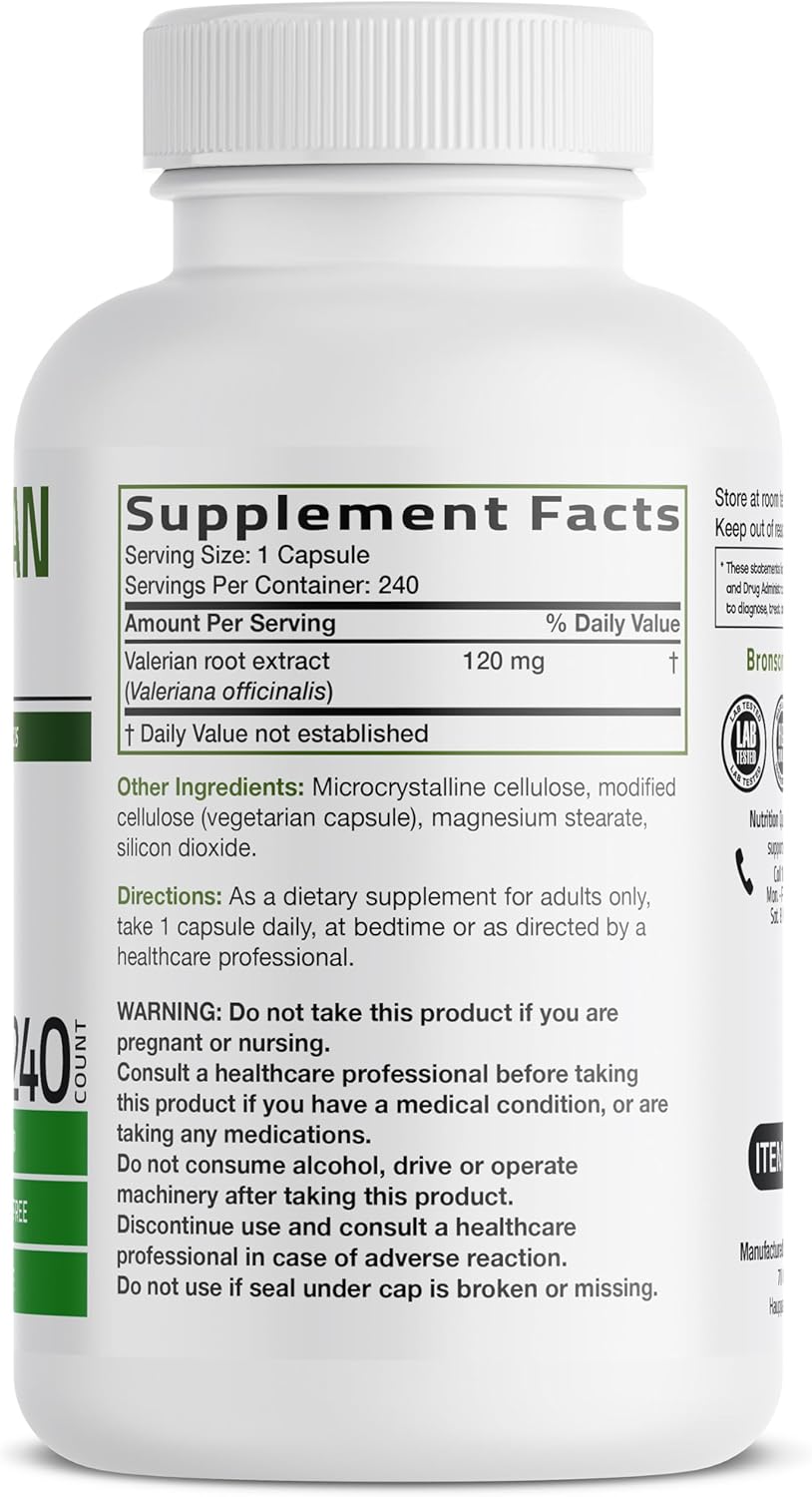 Bronson Valerian Root Capsules - Valerian Officinalis - Promotes Relaxation - Non-GMO, Soy-Free Gluten-Free, 240 Vegetarian Capsules - Image 2