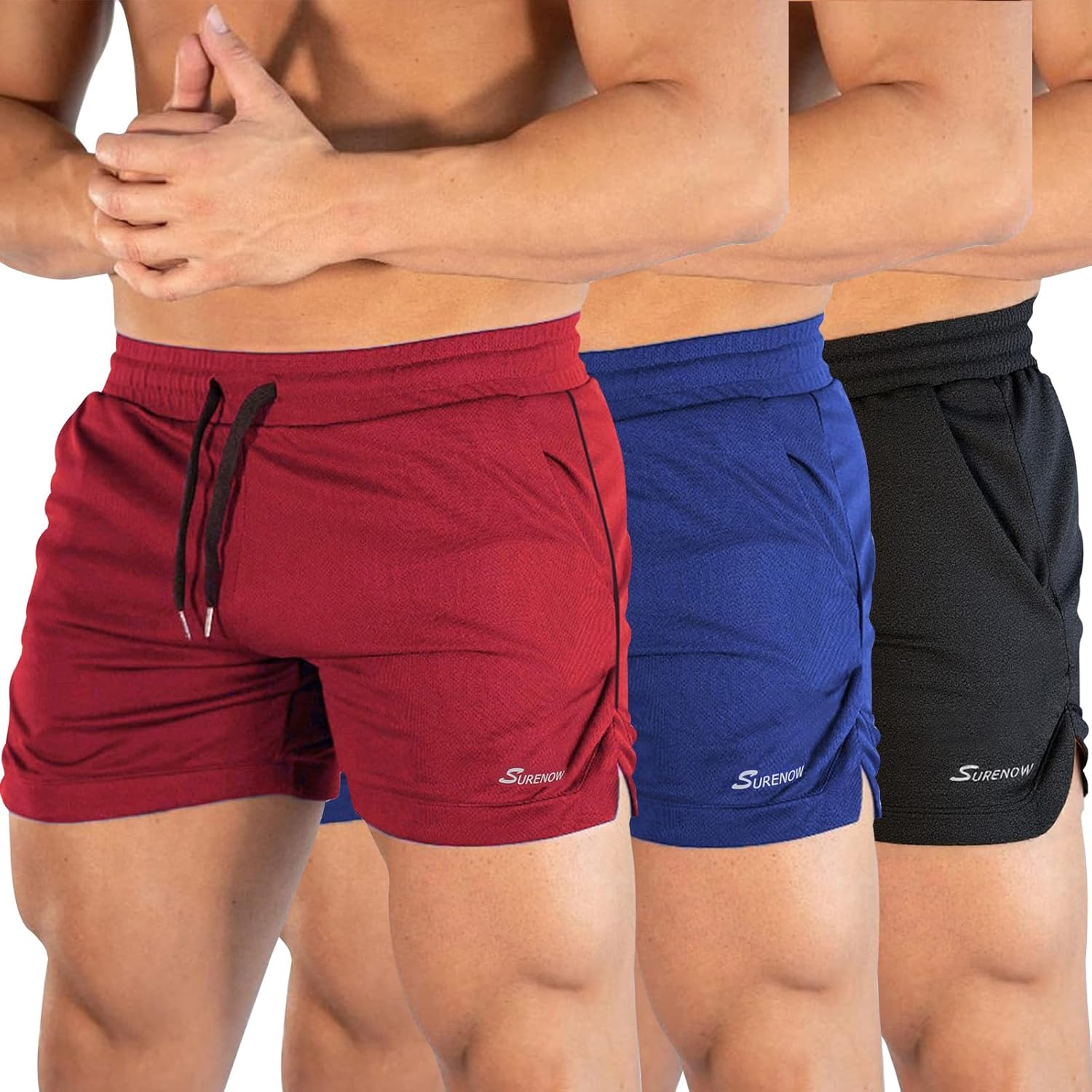 Surenow 3 Pack Mens Running Gym Shorts Quick Dry Workout Lightweight Shorts 3 Inch Breathable Athletic Shorts with Pockets