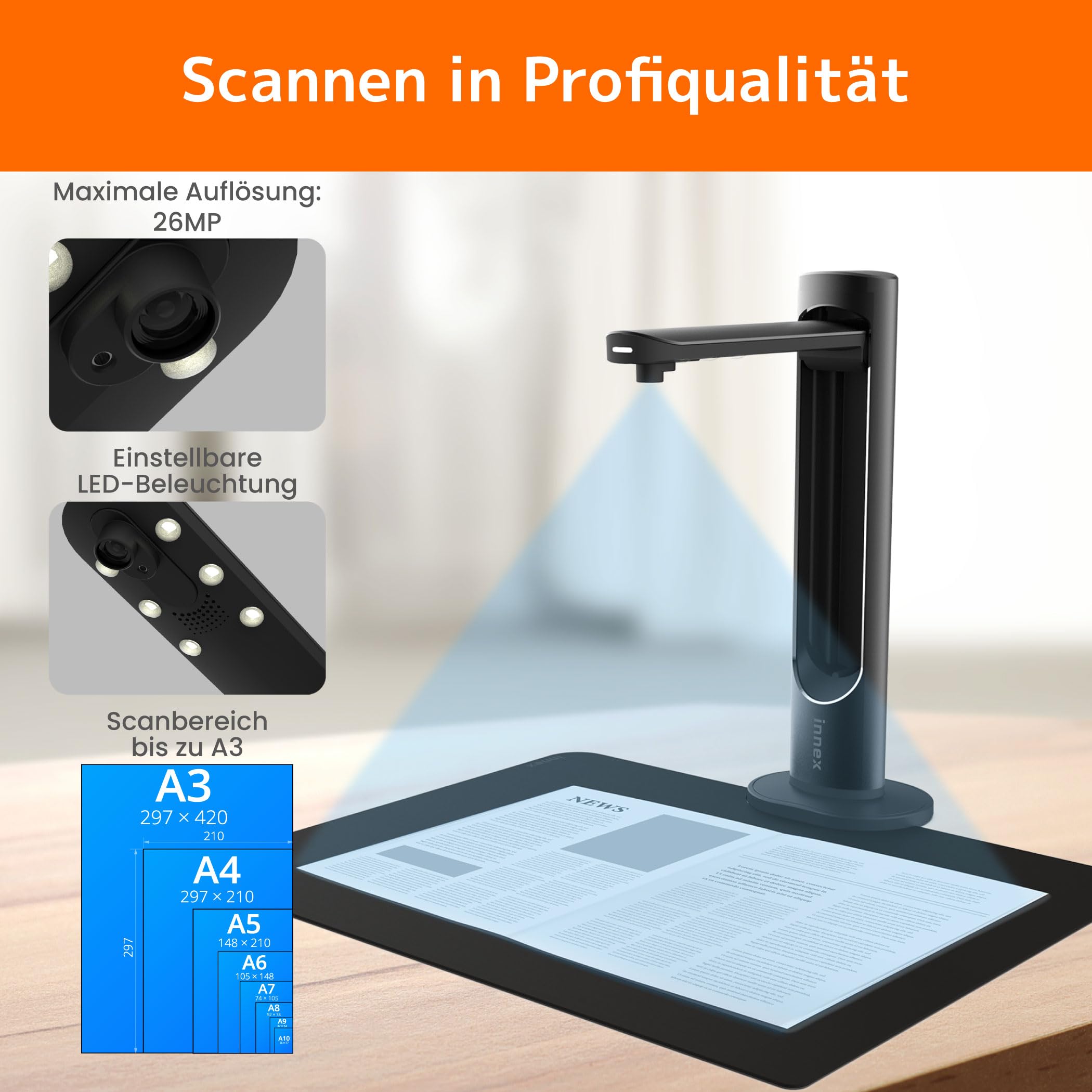 Innex DS200 USB Buchscanner, 26MP, A3-Dokumentenscan, OCR 120+ Sprachen, Auto-Glättung & Begradigung, Fingerentfernung, Mikro & LED, Handtaste & Fußpedal, Win/MacOS