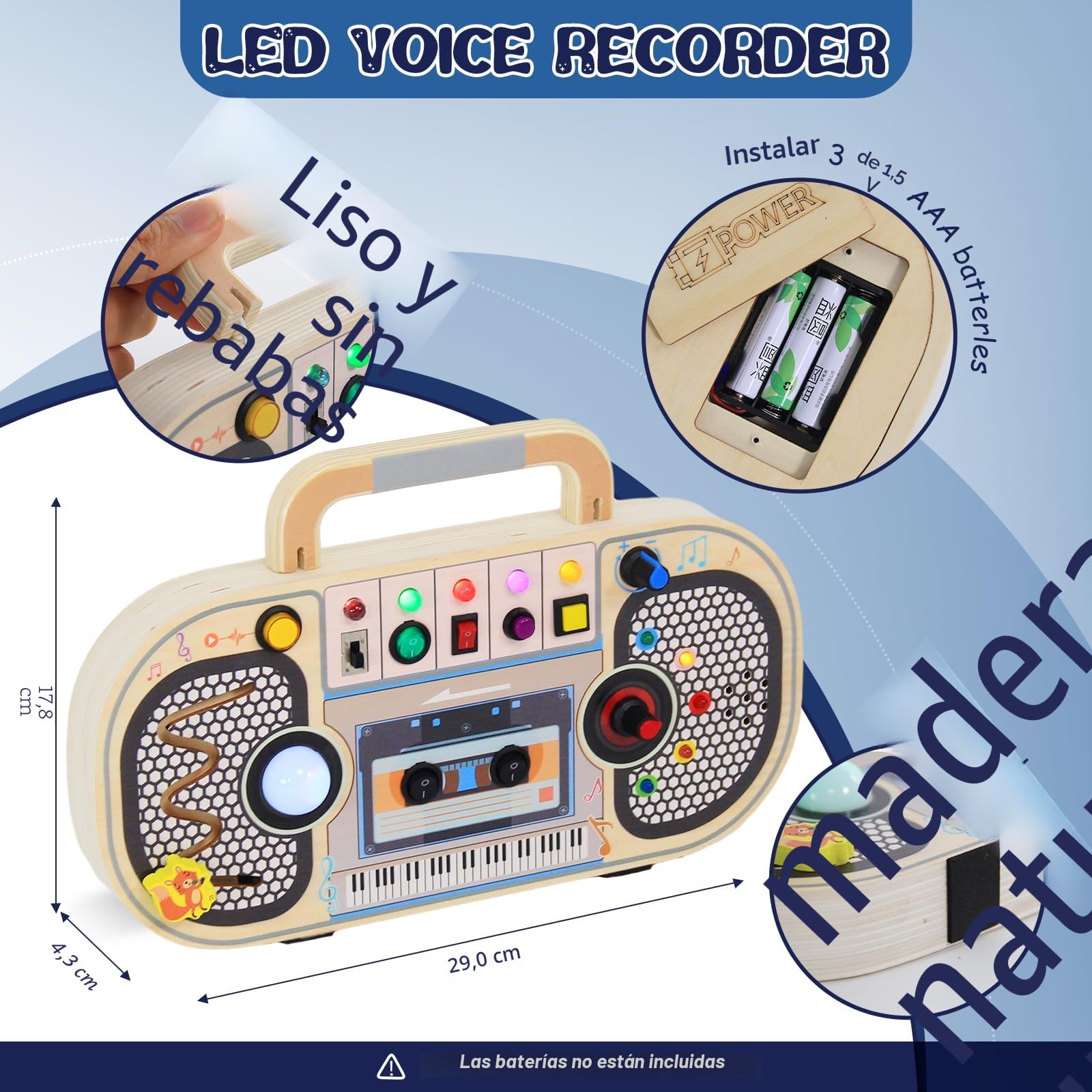 Baeroly Los juguetes Montessori son tablas de madera equipados con interruptores LED, grabadoras y telégrafos inalámbricos, para niños a partir de tres años