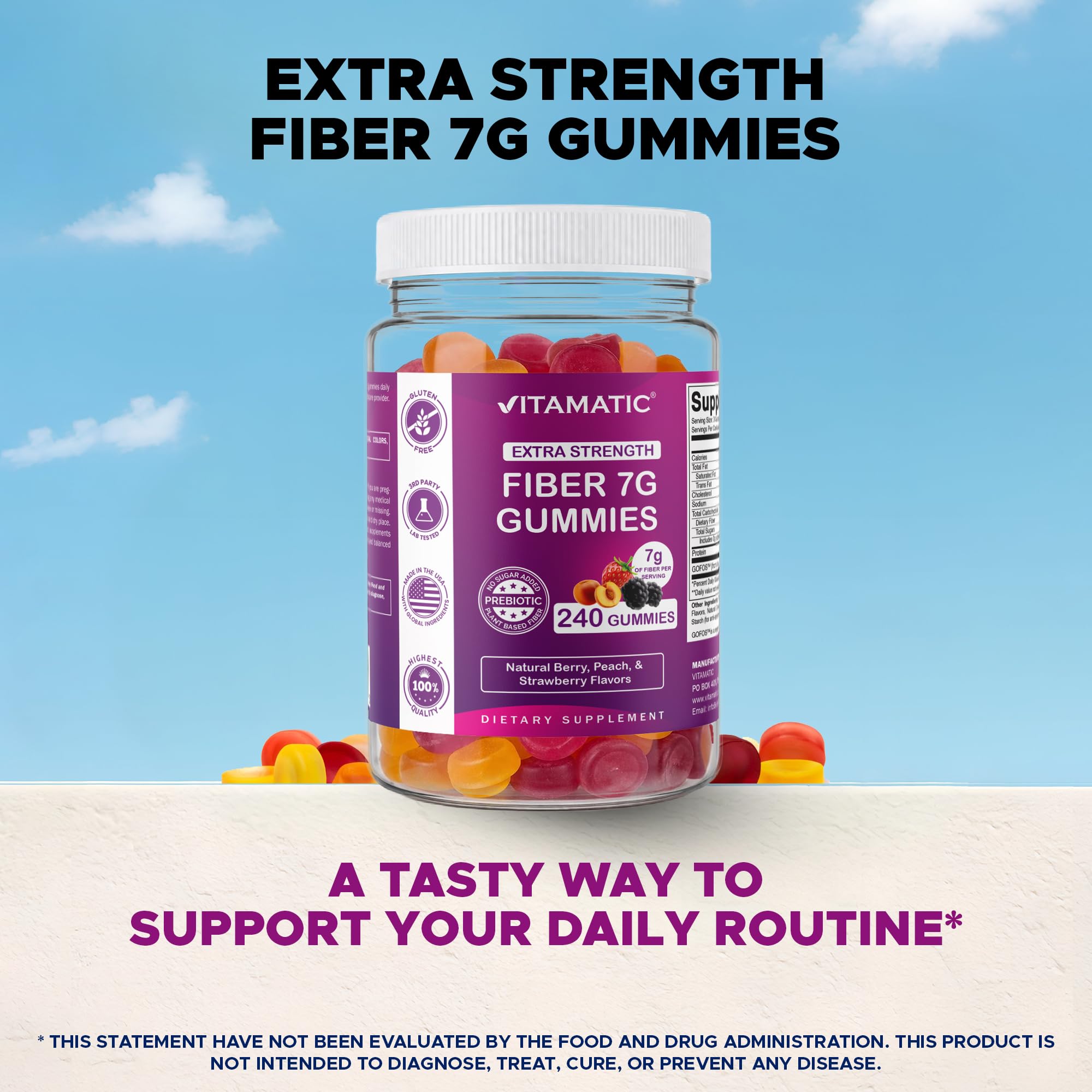 Vitamatic Prebiotic Fiber Gummies for Adults, 7G Extra Strength, Zero Sugar Added, 240 Pectin Based Gummies, Digestive Health & Regularity Support — Amazon image 6