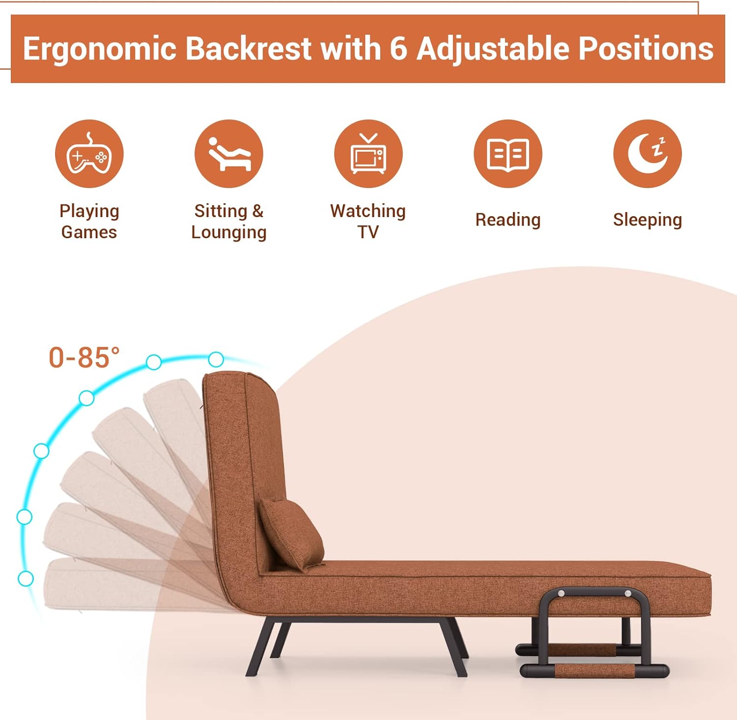 KOMFOTT Convertible Sleeper Chair Bed, 4-in-1 Folding Sofa Bed with 6-Position Adjustable Backrest, Upholstered Chaise Lounge with Removable Pillow, Leisure Recliner Lounge Couch for Home Office