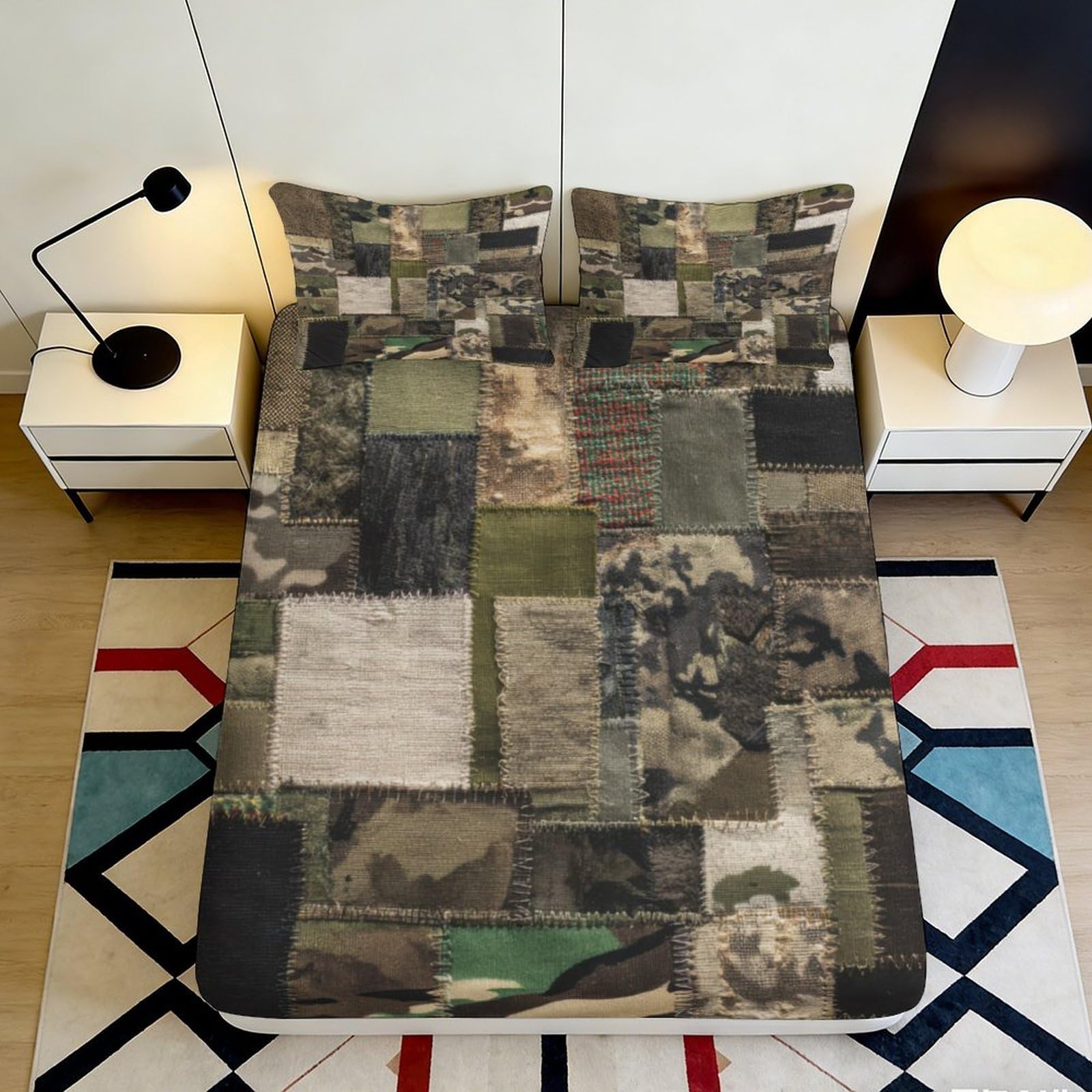 3D Printed Camouflage Patchwork Fitted Sheet Microfiber Durable Soft 3D Printed Camouflage Pattern Bed Cover for Bedroom Dormitory Guest Room 160x200x25cm