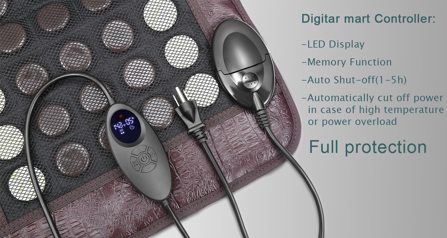 Far Infrared Heating Pad for Back and Shoulder, Jade & Tourmaline Stones, EMF-Reducing, Deep Warming Heat Mat with Adjustable Temperature & Timer for Home Relaxation(2025 Upgraded)