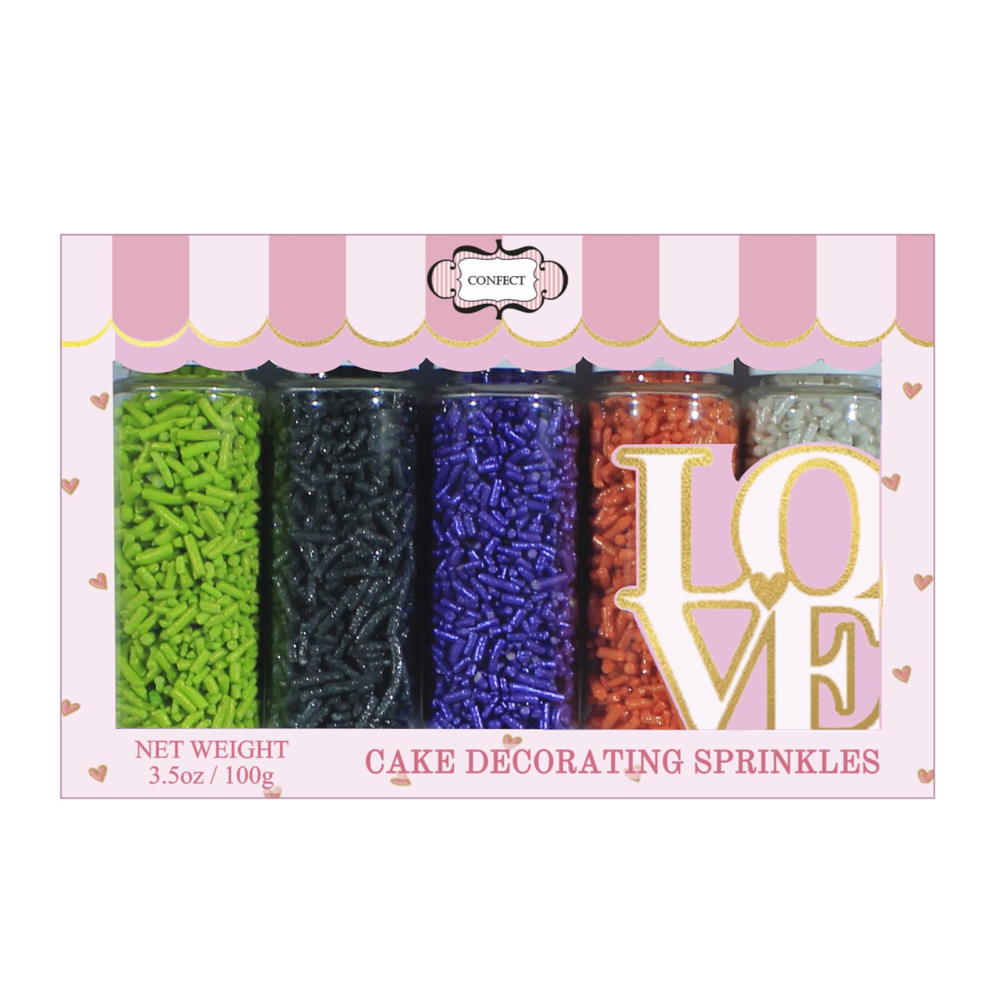 Confect Feast of Fears Sprinkles – Edible Jimmies Mix in Silver, Orange, Irish Purple, Black & Lime Green – Halloween Vermicelli Sprinkles for Cake, Cupcake, Cookie & Dessert Decoration- 140 Gms