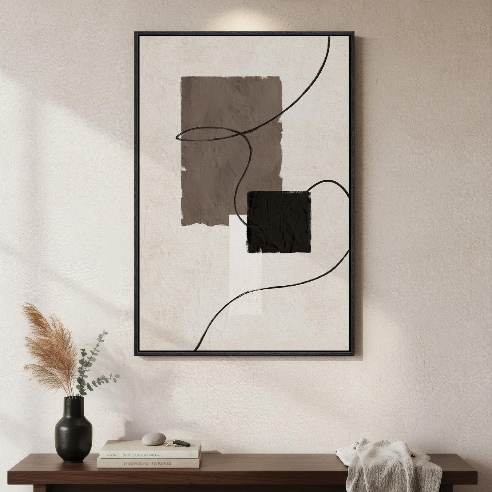 Framed Neutral Abstract Wall Art, Modern Canvas Prints Paintings Artwork for Walls, Minimalist Black Beige Brown Block Lines Pictures for Living Room, Bedroom, Dining Room, Hallway Wall Decor 24x36 In
