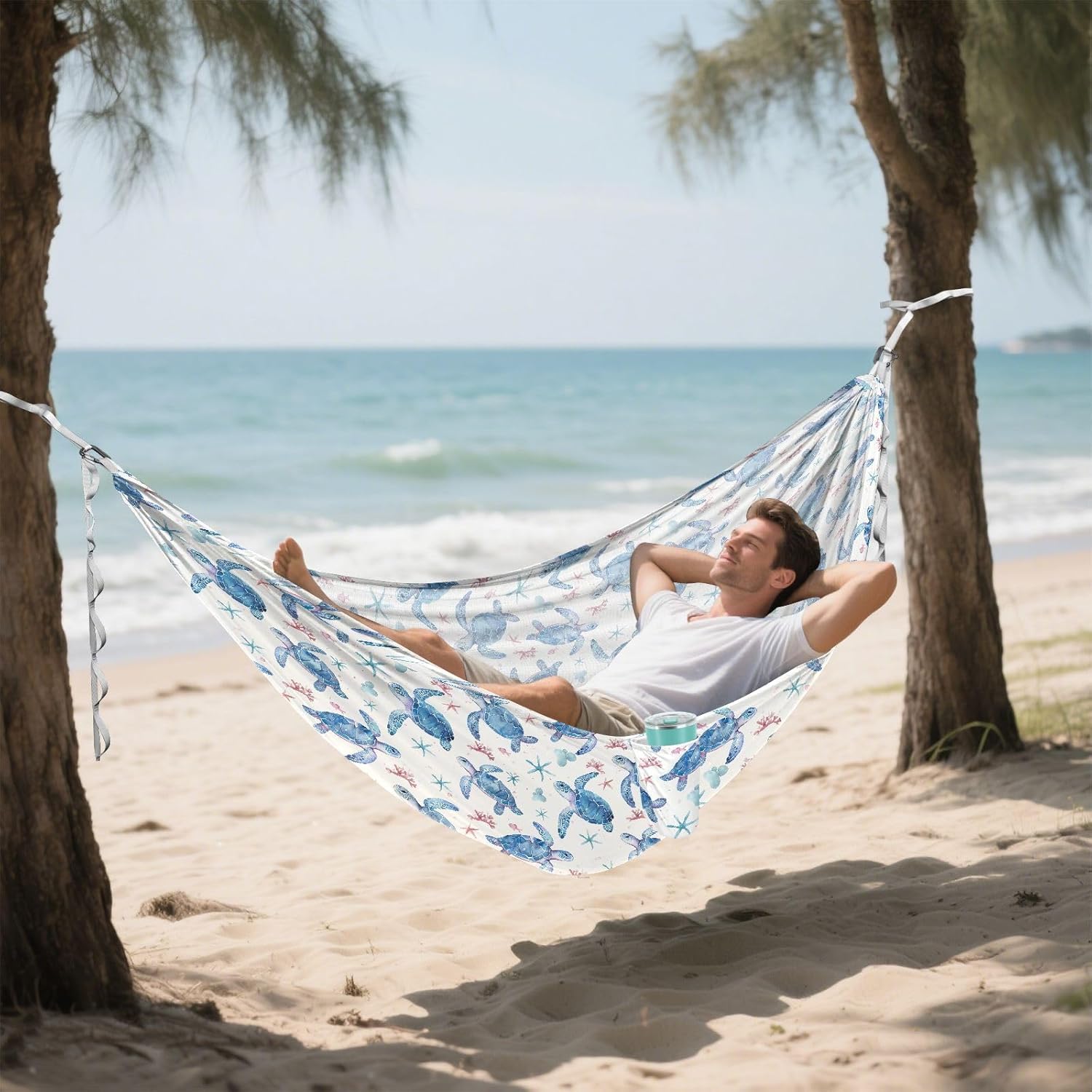ALAZA Sea Turtle Watercolour Camping Hammocks Single or 2 Person 500 lbs Portable Parachute Travel Hammock w/Tree Straps for Hiking Backpacking Indoor Outdoor