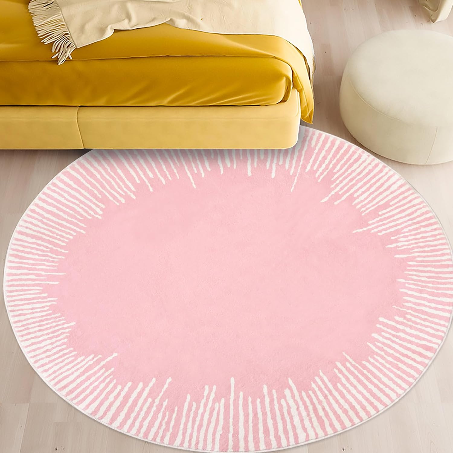 Kids Rug - 4Ft Round Modern Abstract Area Rug for Girls, Chic Sunshine Pink, Nonslip Bedroom Carpet for Kids, Playroom, Living Room, Indoor Home Decor