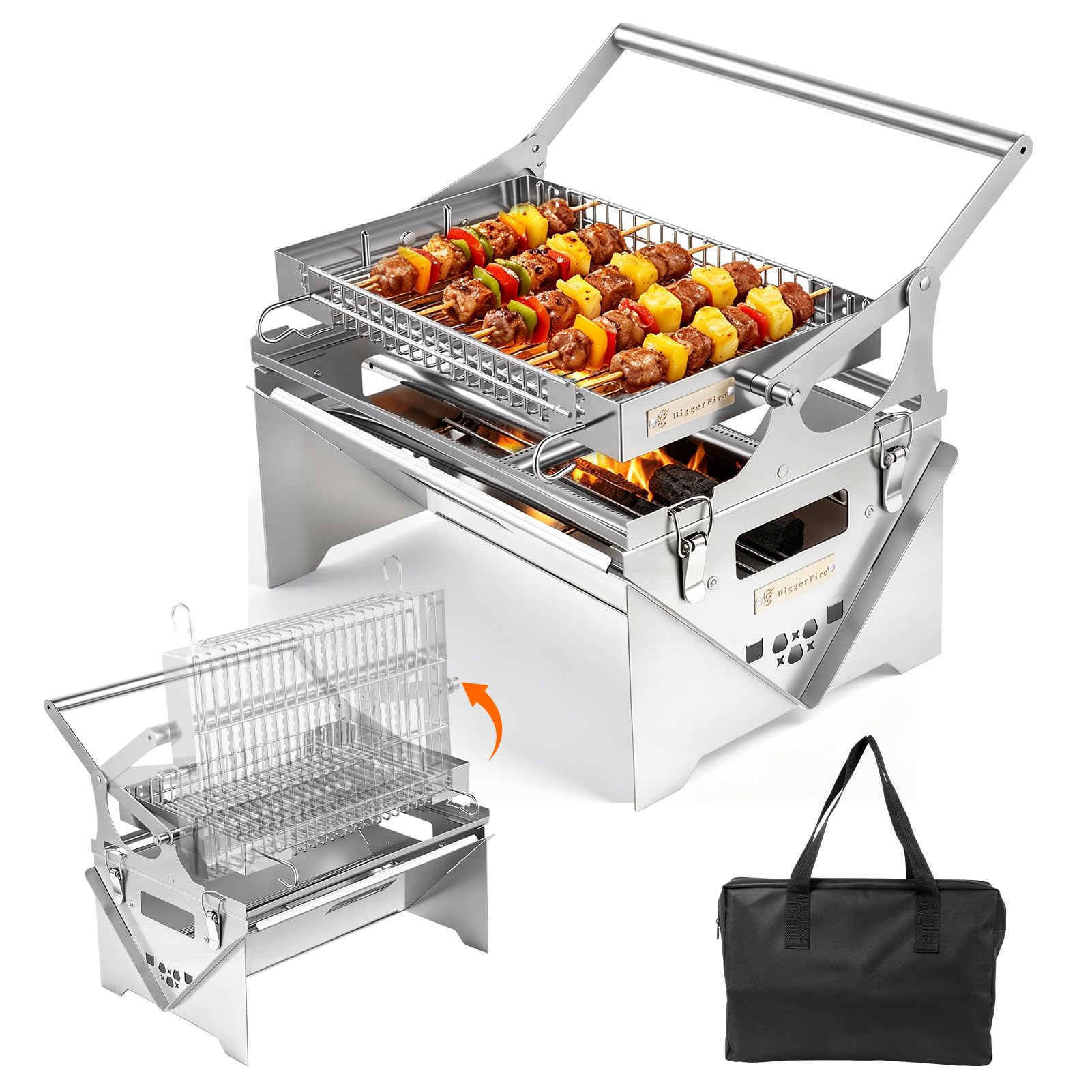 Barbacoa de gas, giratoria 360°, barbacoa de gas con gas y carbón vegetal, parrilla de gas portátil 304, barbacoa plegable con bolsa de transporte, barbacoa extraíble para picnic, jardín, terraza