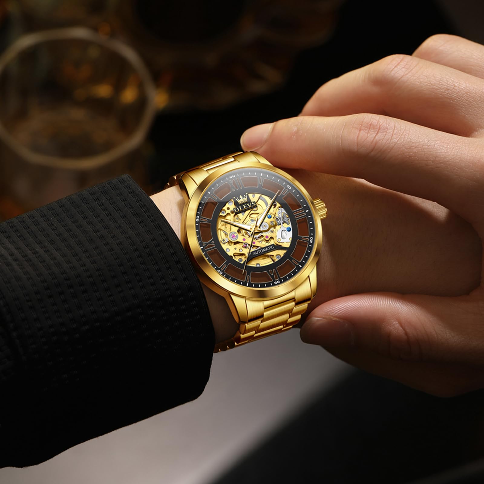 OLEVS Orologi automatici da uomo 43 MM scheletro grande quadrante 3 lancette orologio a carica automatica in acciaio inossidabile vestito di lusso meccanico impermeabile luminoso orologio da polso