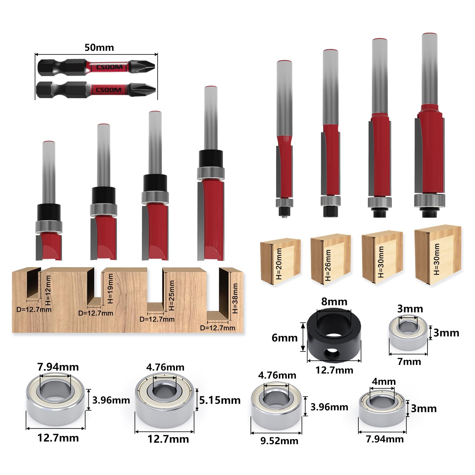 CSOOM 10 pièces Fraises à affleurer avec 2 embouts magnétiques à frapper, 6 roulements, 2 clés, Set de fraises à affleurer à queue de 8mm，Fraises en carbure, outils pour le travail du bois