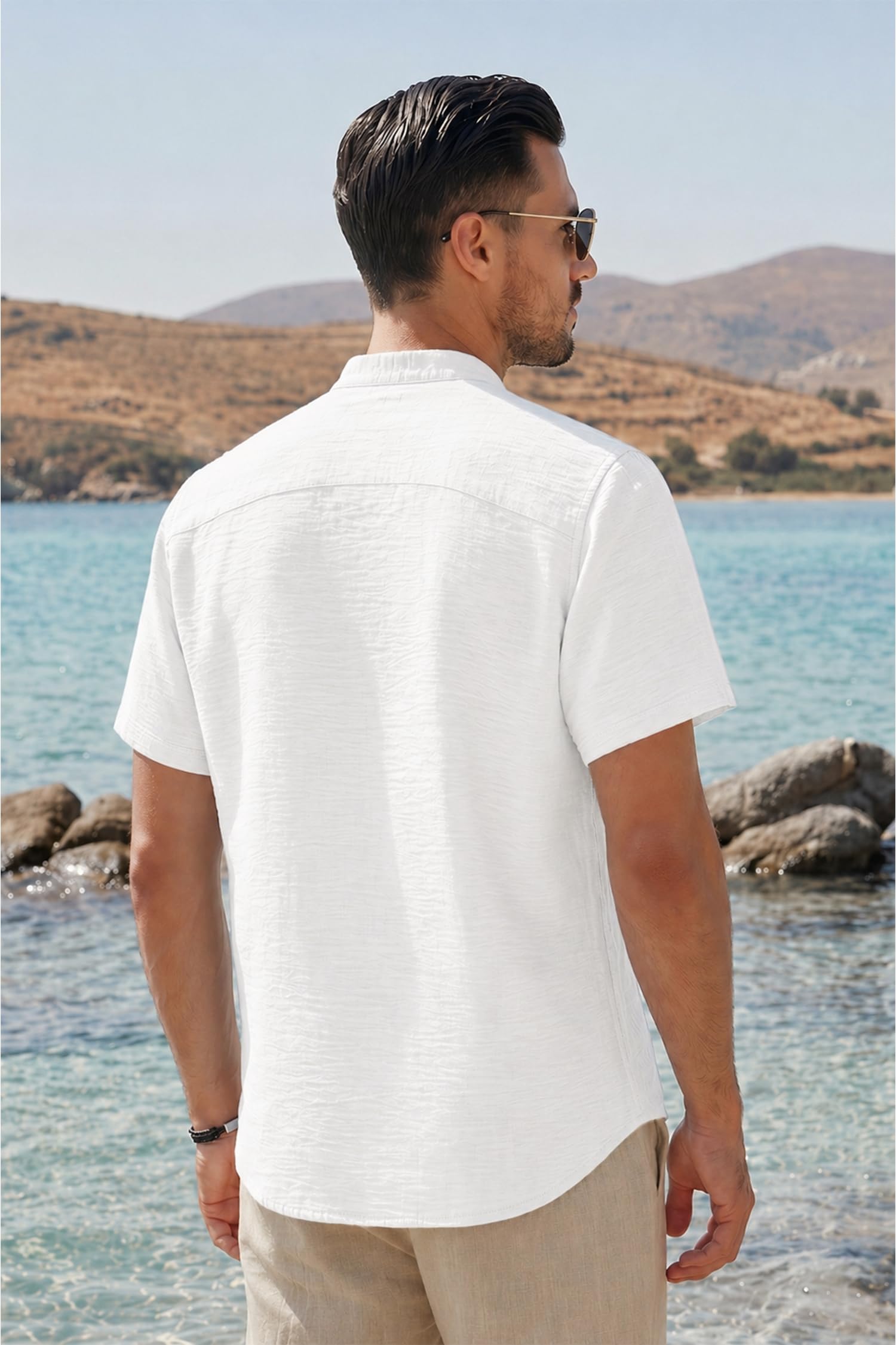 Enlision Chemise Homme Manches Courtes Lin et Coton, Chemises Été sans Col en V Léger à Bouton et Poche Poitrine, Tenue Décontractée Plage Casual T Shirt Taille S-4XL