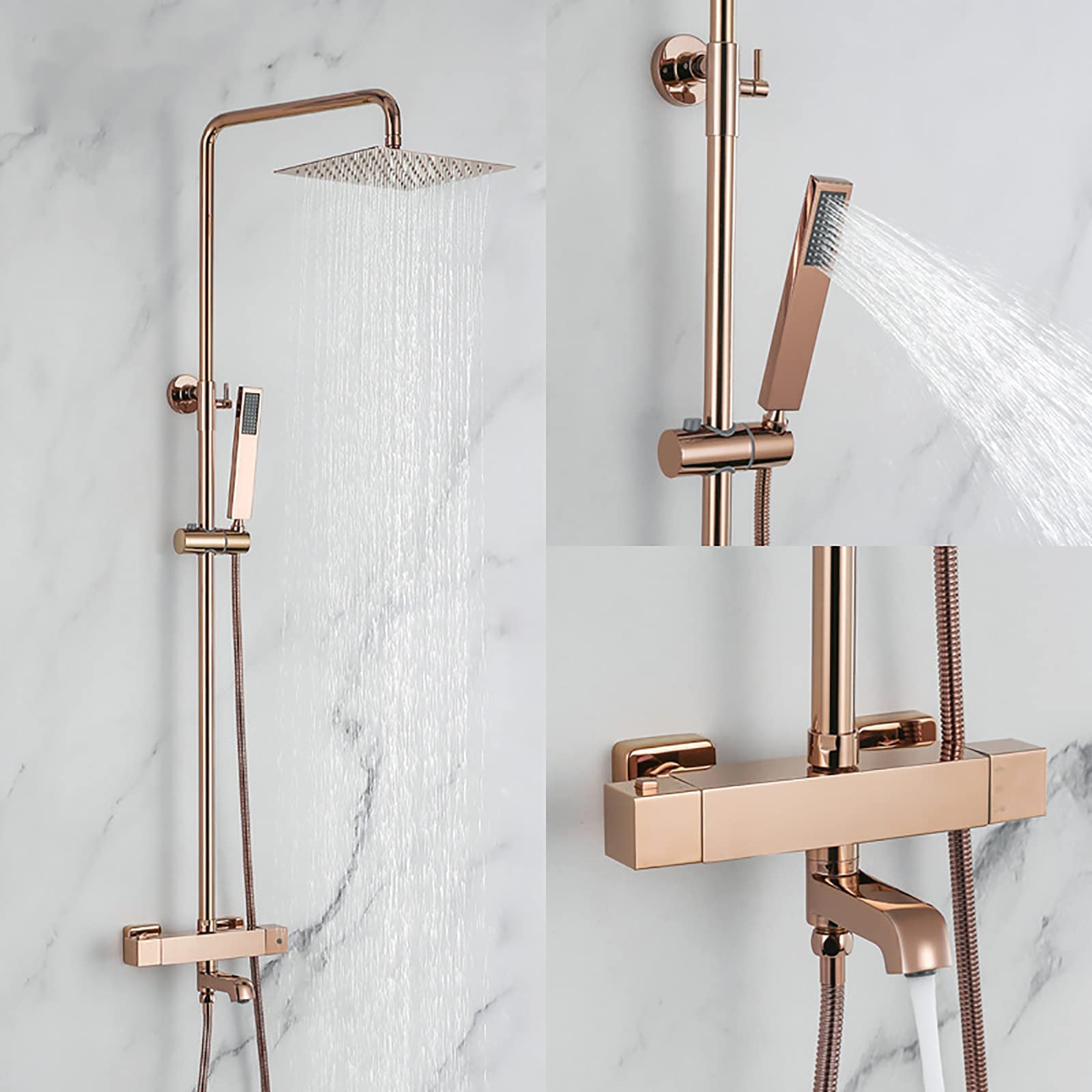 Termostatyczny Zestaw Prysznicowy Rose Gold Do Montażu Na Ścianie,Bateria Prysznicowa Do Łazienki Z Głowicą Prysznicową,Prysznicem Ręcznym,Wylewką Wannową
